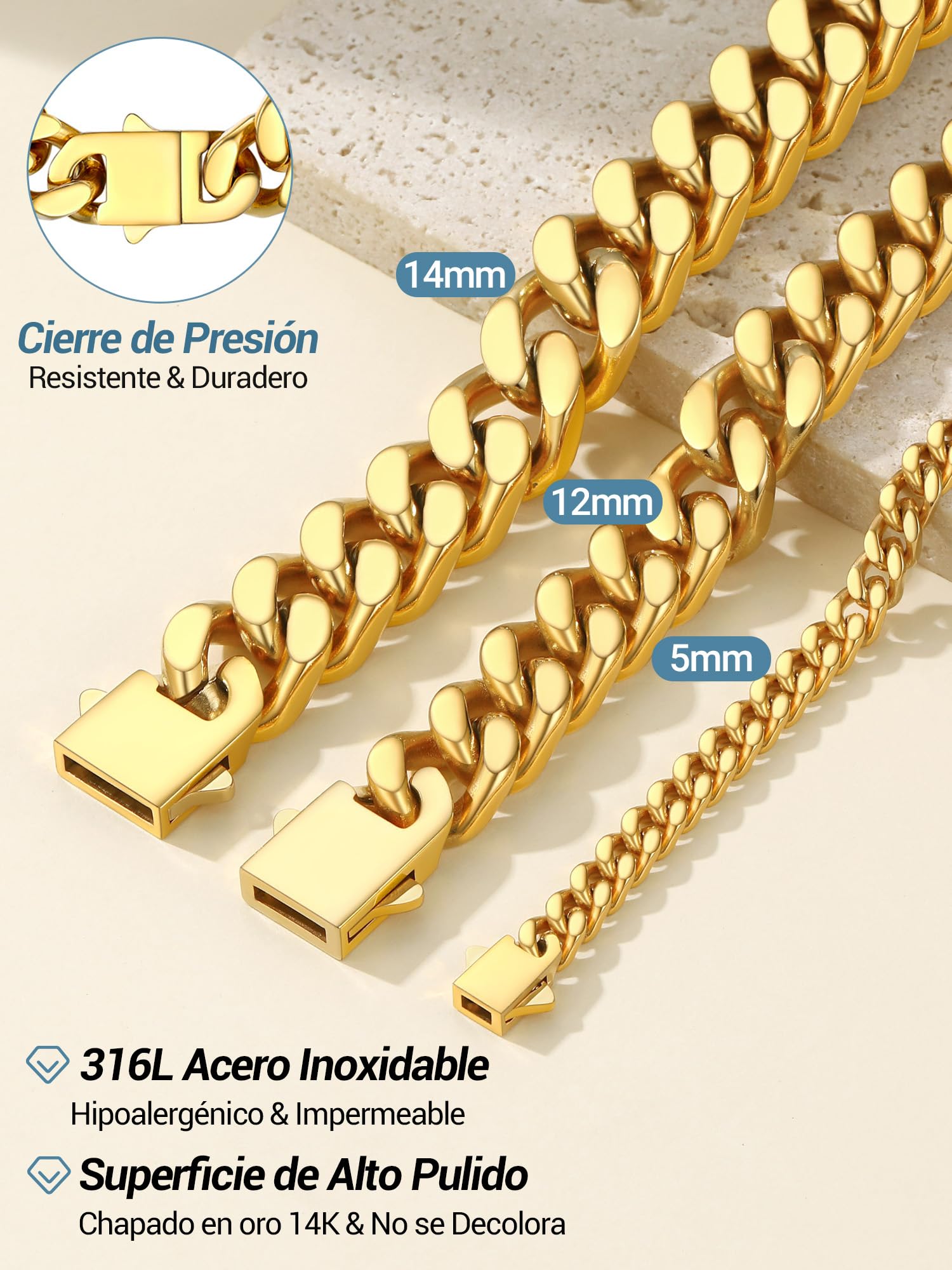 PROSTEEL Cadena Cubana Acero Inoxidable 5/12/14mm Collar Grueso Plateado/Dorado Cadenas Cubanas Eslabones Hip Hop Joyas de Mujer Hombre 46cm/51cm