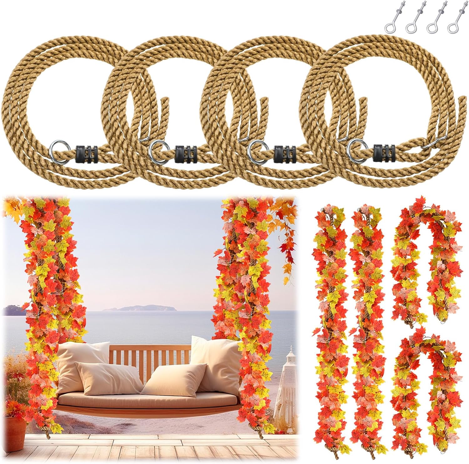 4 Pack Porch Swing Bed Rope Hanging Kit with Fall Maple Leaf Garland Decoration, 800 lbs Adjustable Heavy Duty daybed Swing Rope Straps for Porch Thanksgiving Garden Playground,10ft Length