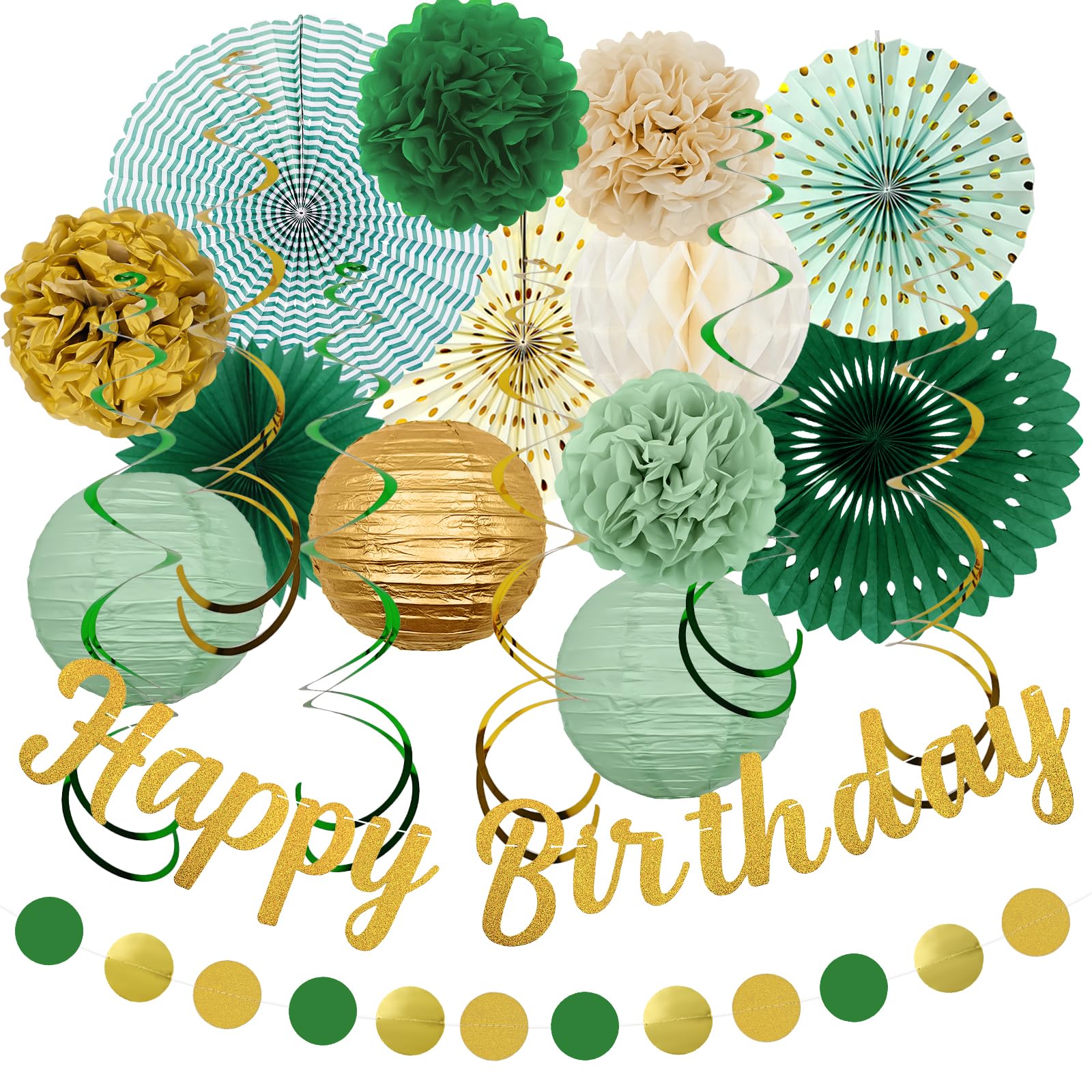 Sage Green Birthday Party Decorations - 21pcs with Happy Birthday Banner, Paper Lanterns, Tissue Pom Poms, Hanging Streamers, Round Garland for Women Girls Boys Birthday Decor Supplies.