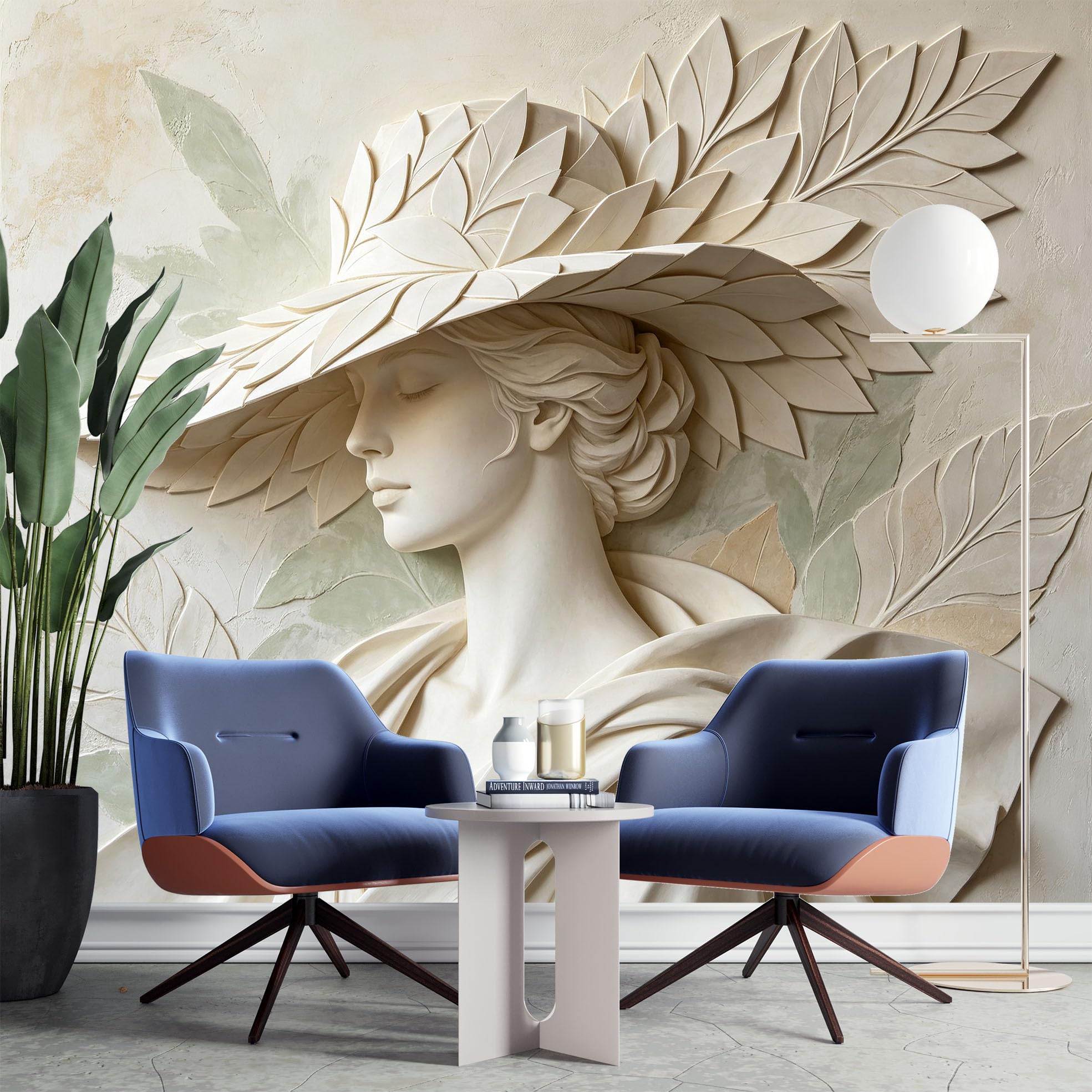 Papier Peint Mural Intissé 200 x 140 cm Motif Femme Élégante Au Chapeau Feuilles Style Sculpture Grecque Décoration Fresque Murale Esthétique pour Salon Ou Chambre.