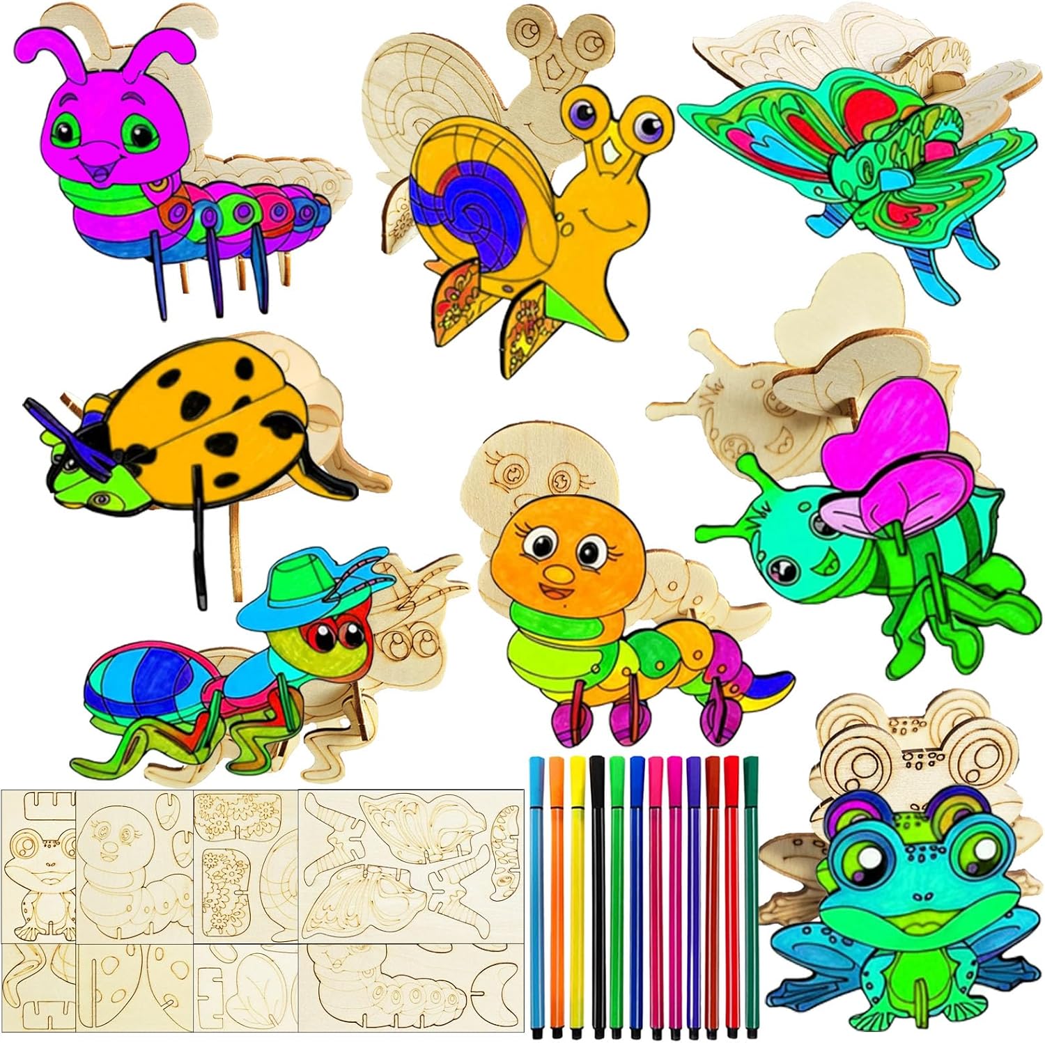 FZYESNO 28 Pieces Craft Set Children from 4 5 6 7 8 Years, Insects Made of Wood Crafts, Children's Birthday Crafts (3D Wooden Puzzle), Insect Birthday Decoration, Craft Sets for Children, 3D Puzzle