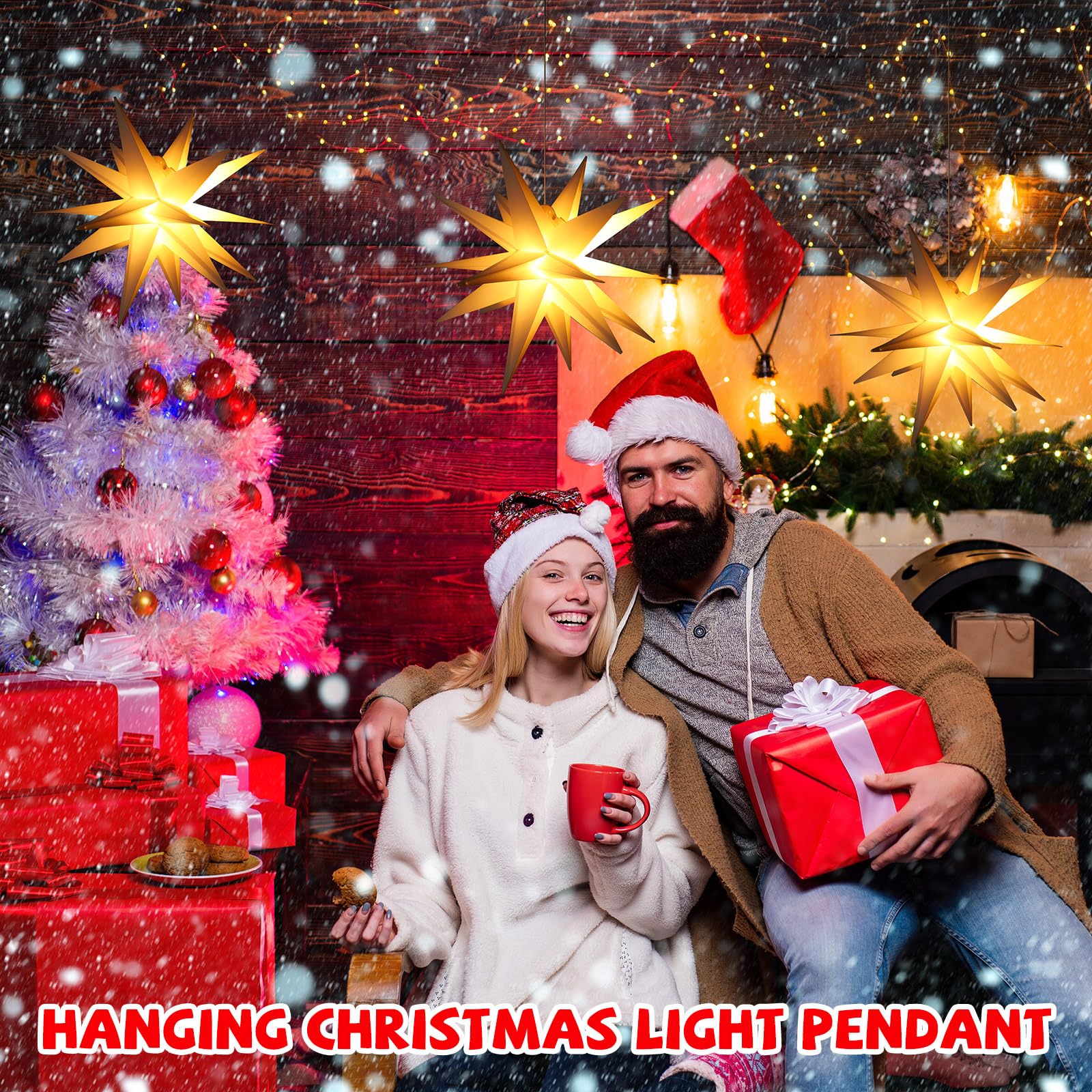 Baquler 2 luces LED grandes de estrella morava blanca de 23 pulgadas, luz LED de estrella de Navidad 3D, decoración de estrella colgante para decoración de árbol de Navidad, vacaciones, porche,