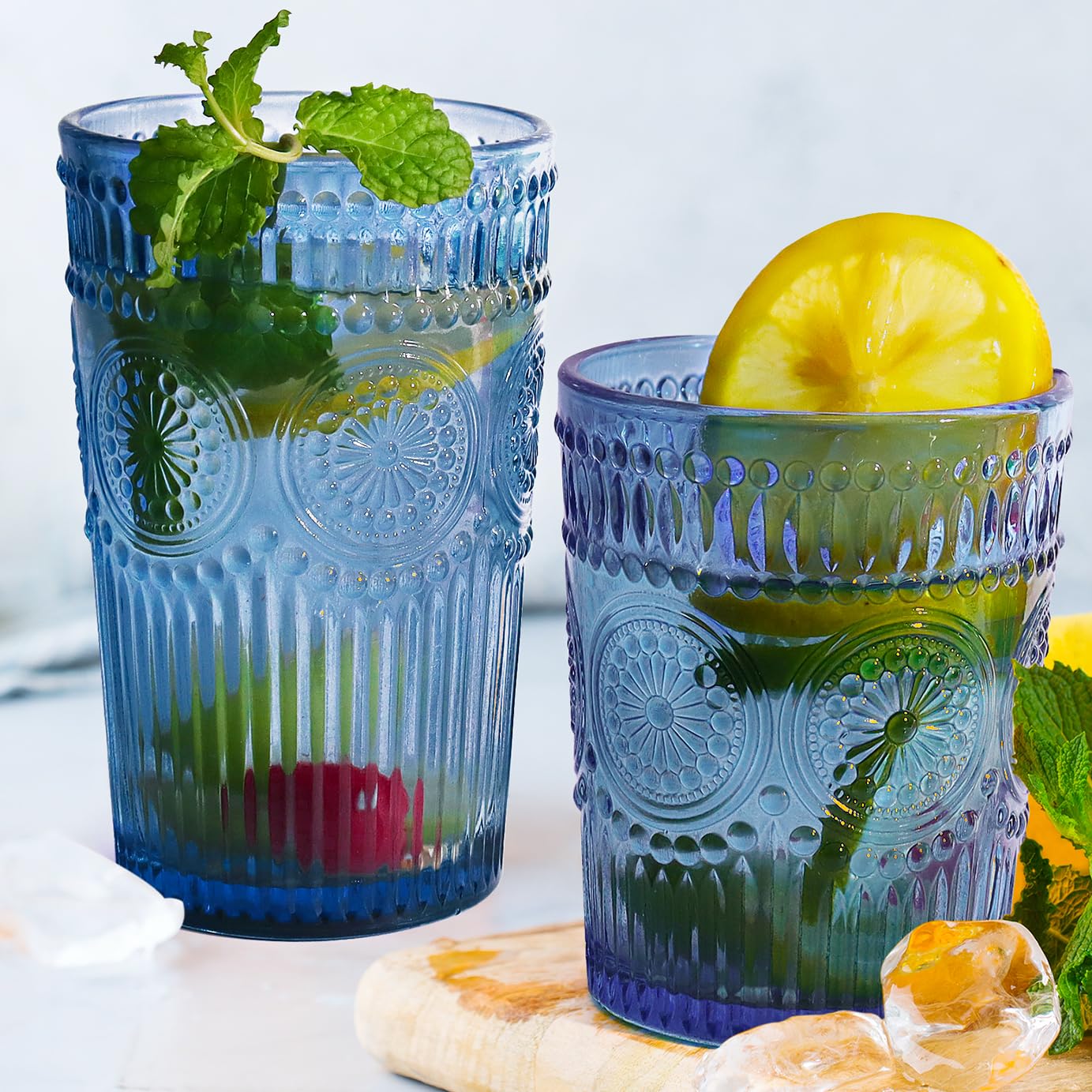 12pcs Vintage Drinking Glasses Set 12 oz Highball Glasses 9 oz Embossed Ribbed Glassware Cups for Cocktail Water