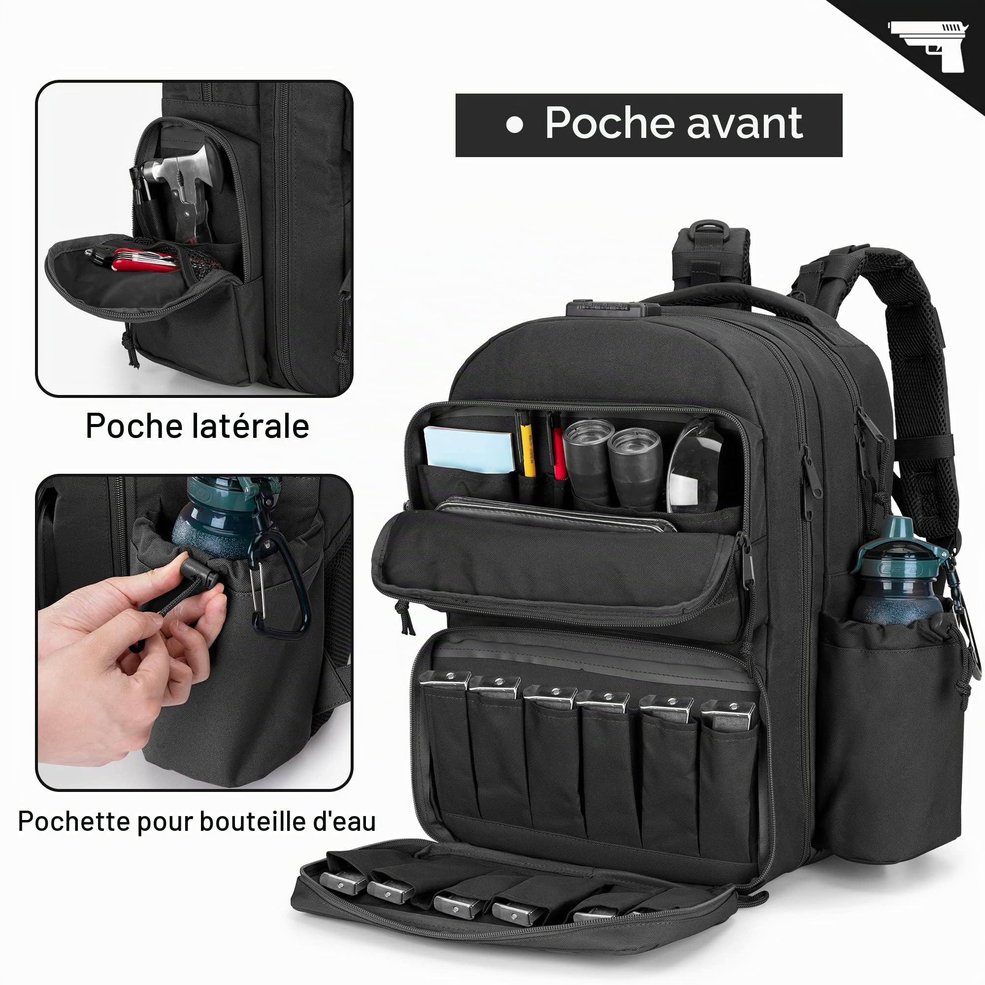 GOBUROS Sac à Dos Tactique pour Pistolet pour 4 Armes de Poing et 12 Mags