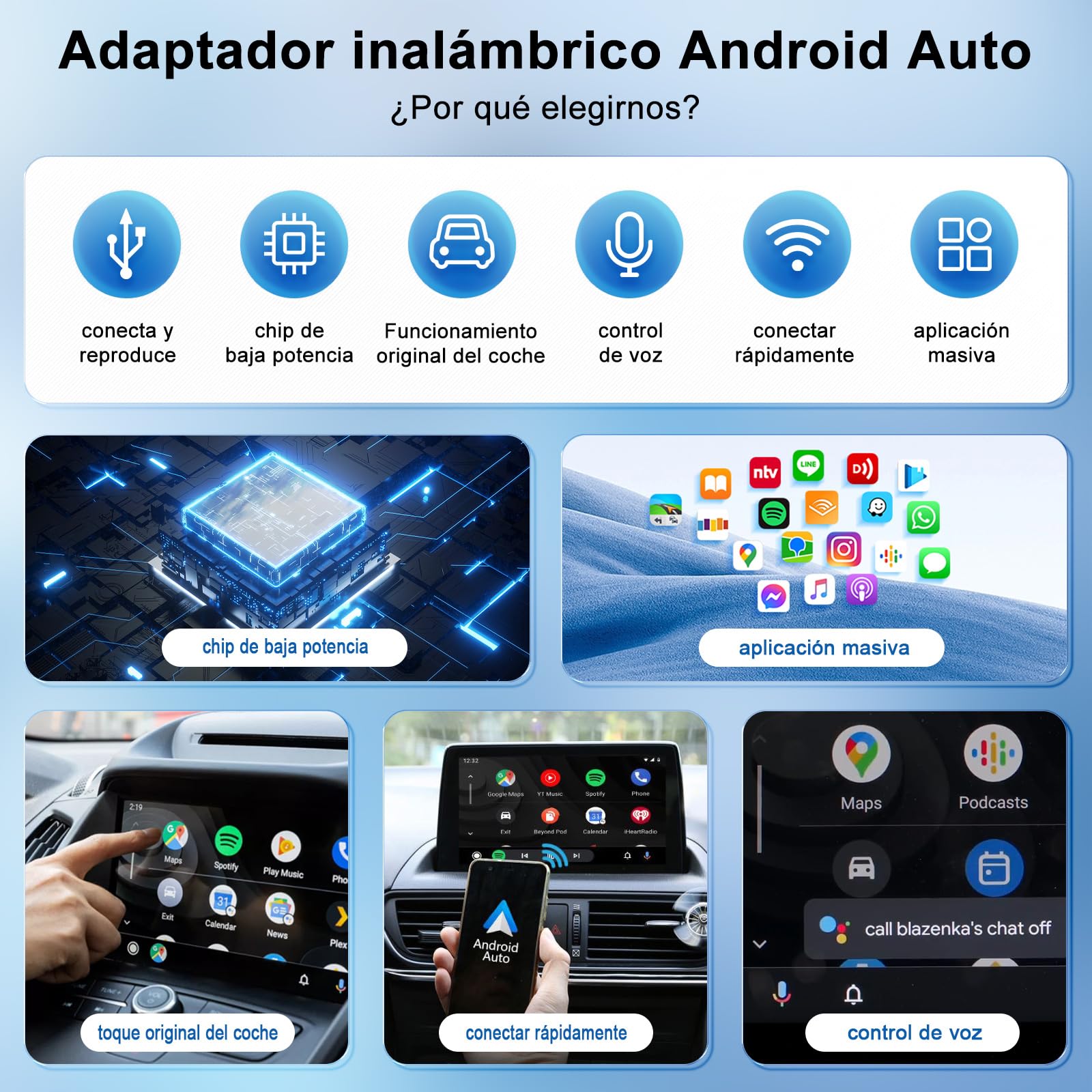 Adaptador Android Auto Inalámbrico, para Vehículos Equipados con Android Auto con Cable, Cambio de Cableado a Inalámbrico, Estable y Rápida, 5.8GHz WiFi de Alta Velocidad, para Android Phone 11.0+