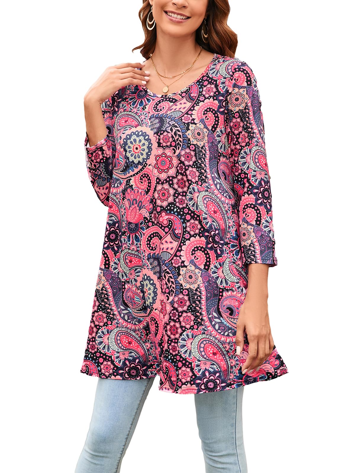 Enmain Camiseta Mujer Manga Larga Blusa con Estampado Suelta Cuello Redondo Plisado Señoras Swing Tops para Mujeres