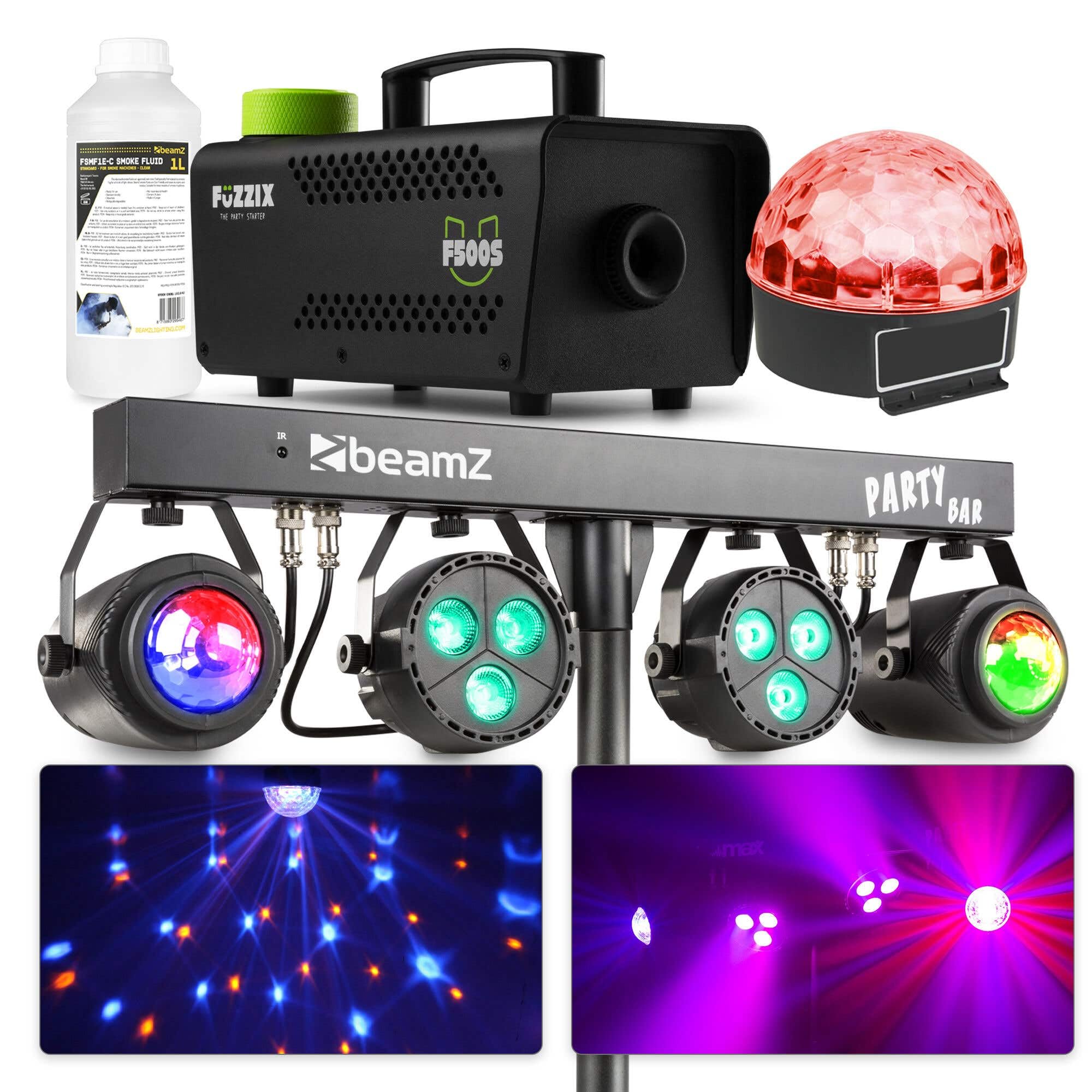 BeamZ Disco Party Komplett Set - inkl. Mini Nebelmaschine mit Nebelfluid, 4-1 Lichtorgel DJ Lichtanlage, Discokugel 30cm mit LED Pinspot Strahler - Perfekt Bühnenbeleuchtung für Geburtstage & Disco