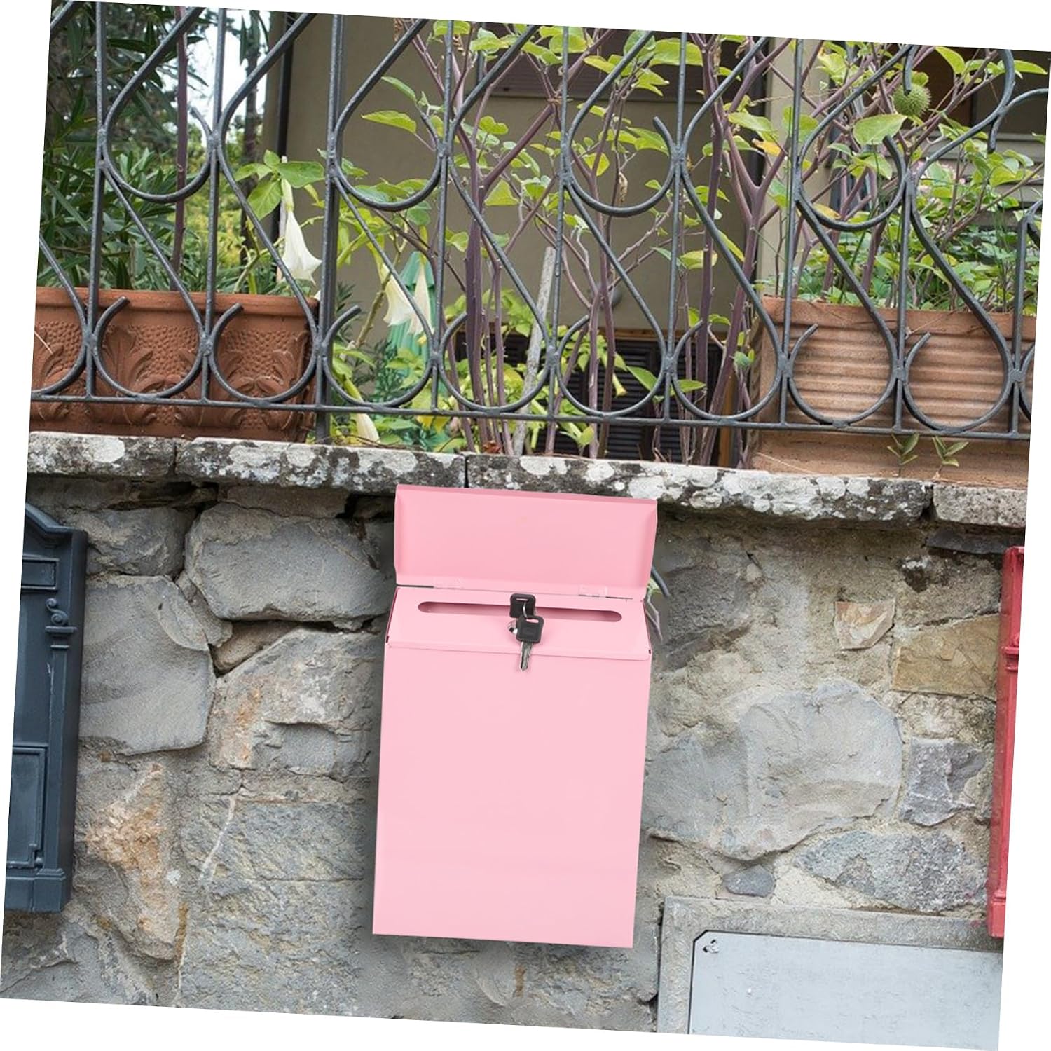 Hemobllo Multi-Function Wall-Mounted Lockable Iron Mailbox Large Capacity Letter and Suggestion Box for Home Office Post Accessory in Pink
