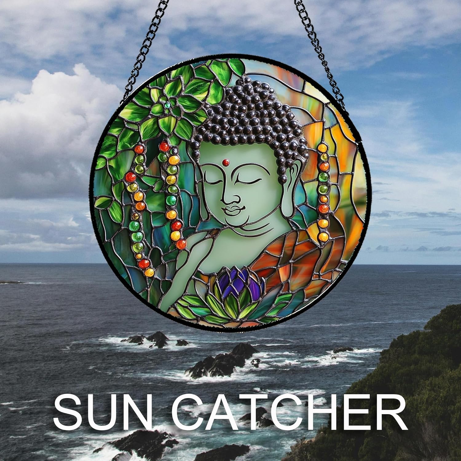 Stained Glass Window Hanging Lotus Buddha Zen Theme Large 11.8" - Suncatcher Door Garden Sunroom Sun Catcher Decor Birthday Christmas for Mom Woman Nana Friend Men Aunt