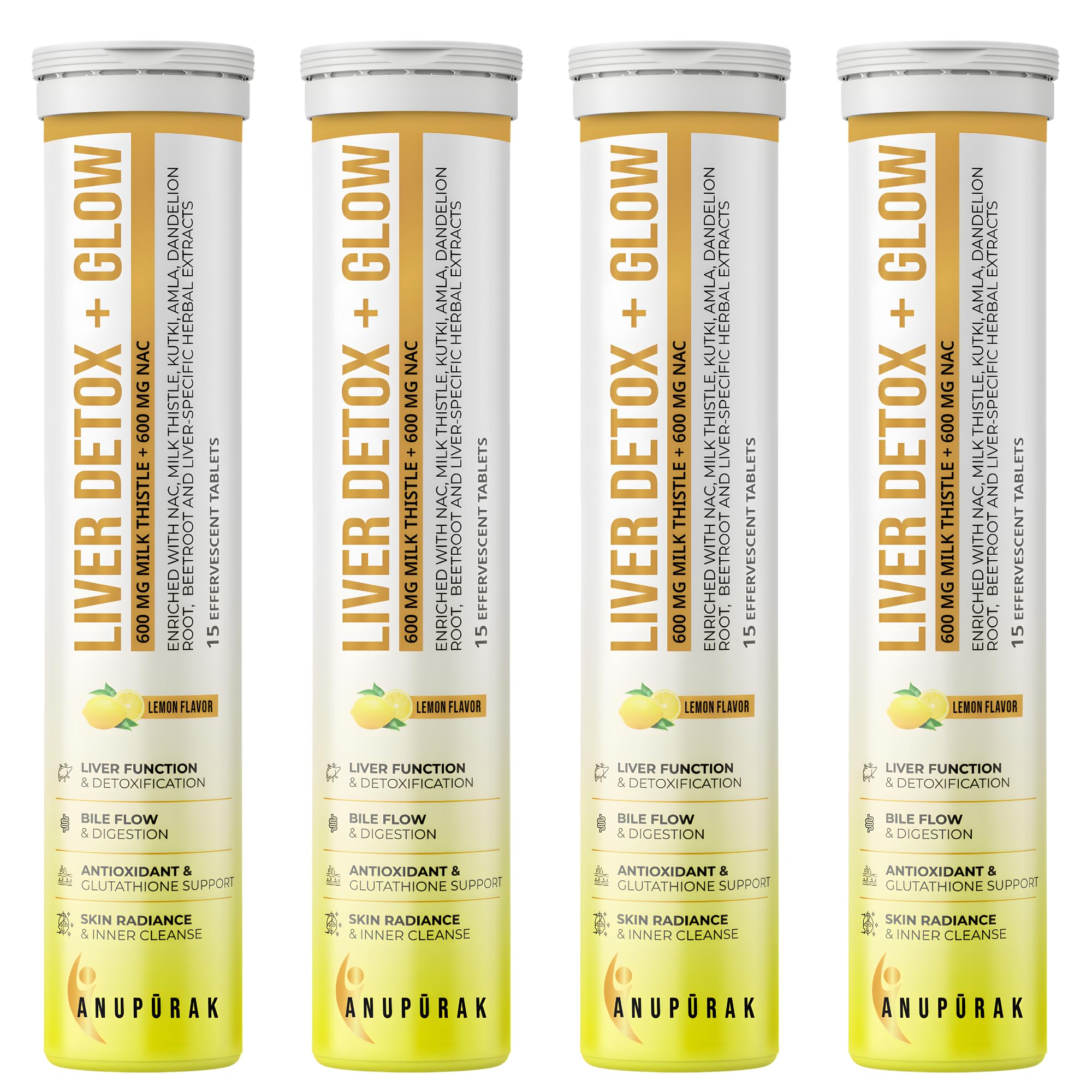 Liver Detox Effervescent Tablets — NAC 600mg + Milk Thistle 600mg (80% Silymarin) | 10 Actives Liver Support Supplement for Antioxidant & Digestive Support | Lemon Flavour | 60 Tablets (Pack 4)