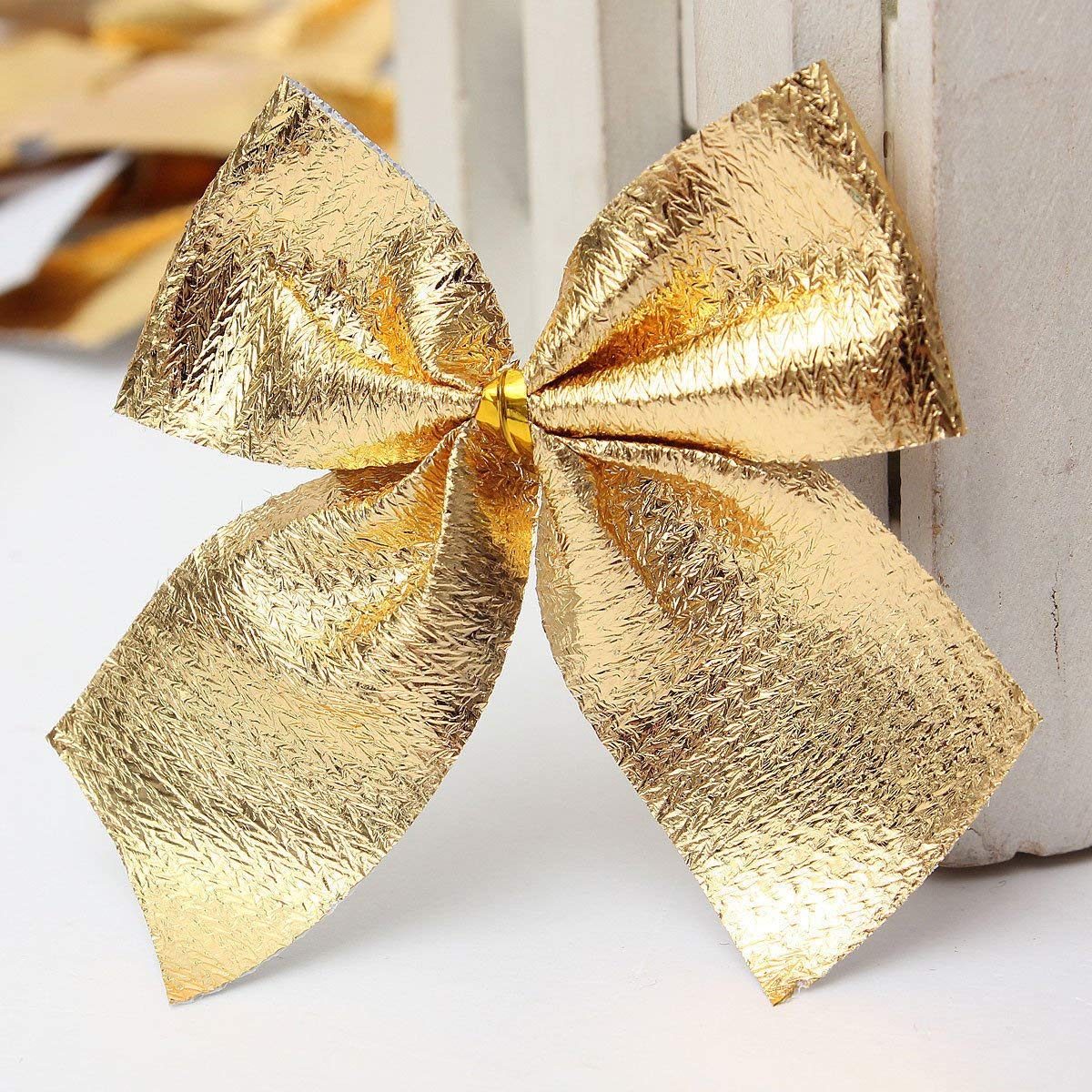 Pack De 60 Lazos Navideños Mini De Tela Flocada Dorados - Preatados, Para Decorar árbol, Regalos, Coronas Y Manualidades