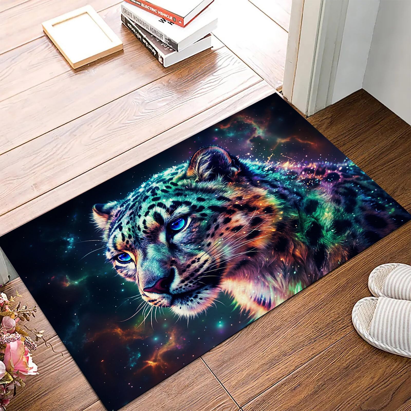 Tapete Azul Hermoso Leopardo De Las Nieves Puerta Felpudo De Entrada Exterior Atrapar Suciedad Alfombra Animales Fantásticos para Interior Jardines Cocina Pasillo Trasera Delantera,80X120Cm