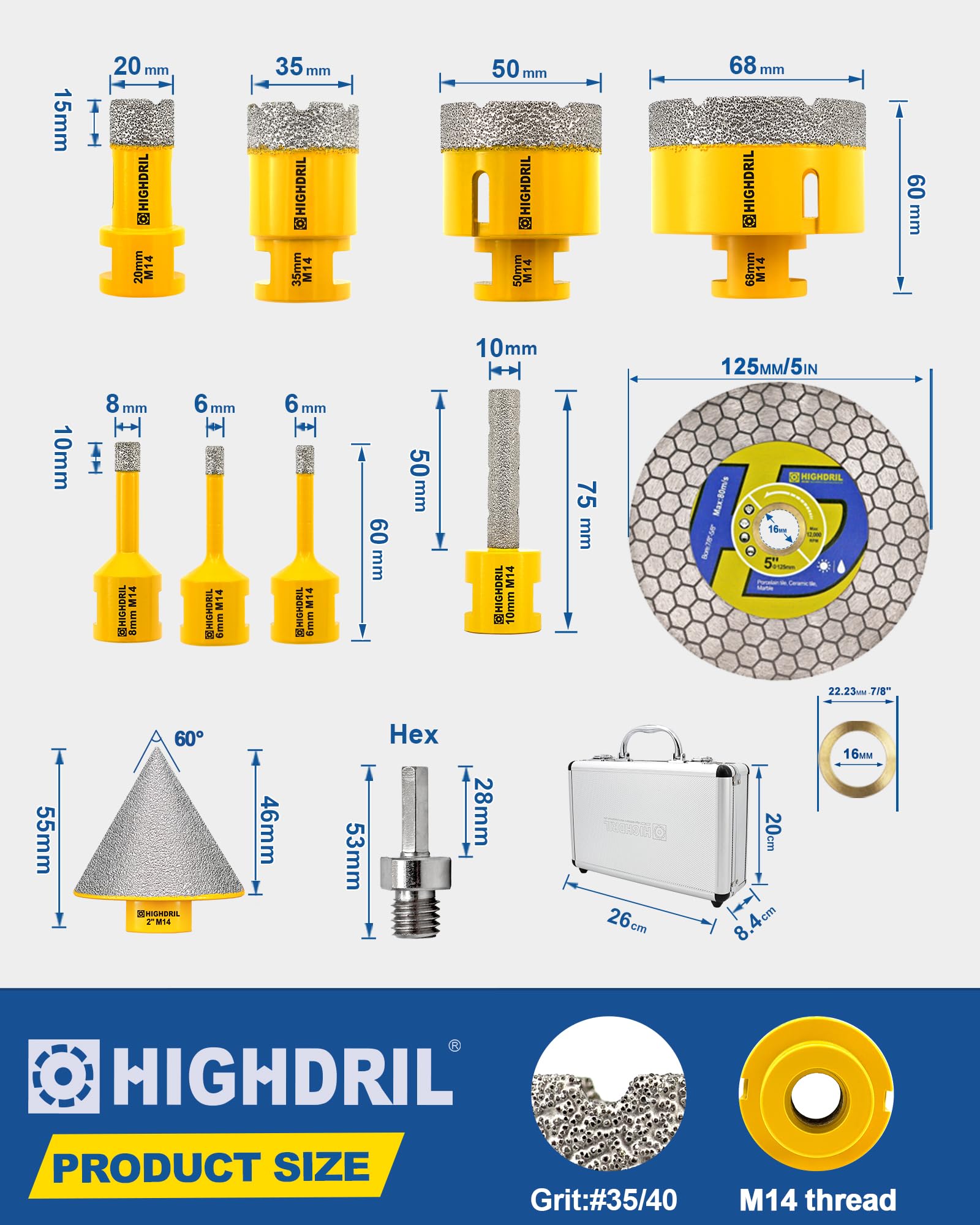 HIGHDRIL Diamant Fliesenbohrer Set 11tlg. – 6/6/8/20/35/50/68mm Bohrer mit 50 mm Fasenbohrer, 10 mm Fingerbohrer, HEX-Adapter und trennscheibe – für Fliesen, Keramik, Porzellan, Granit und Marmor