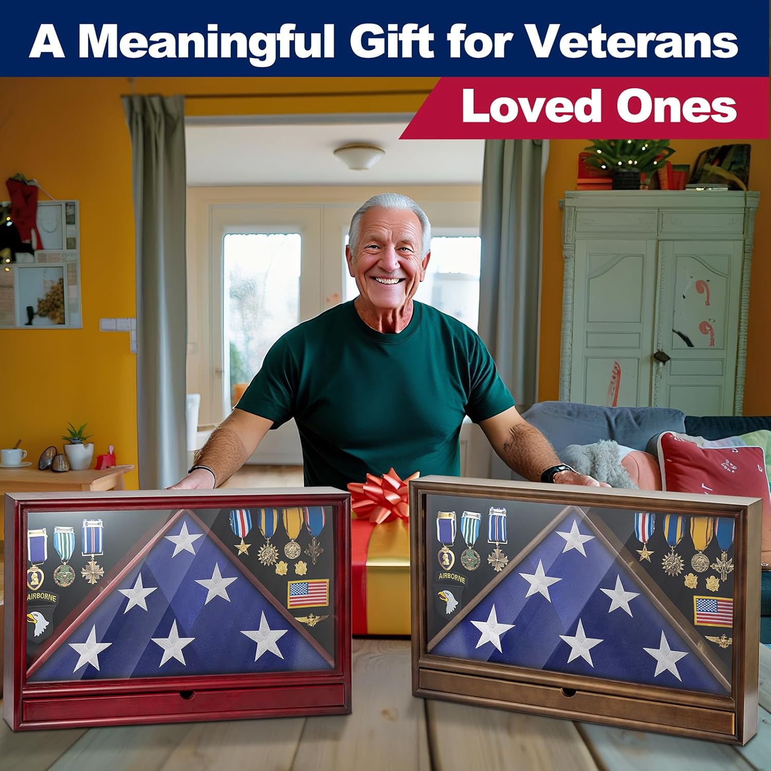 Flag Case for Burial Flag with Drawer – Solid Wood Military Flag Display Case for 5'x9.5' Flag, Memorial Flag Holder for Home, School, or Government Use, for Badges Medals (Red)