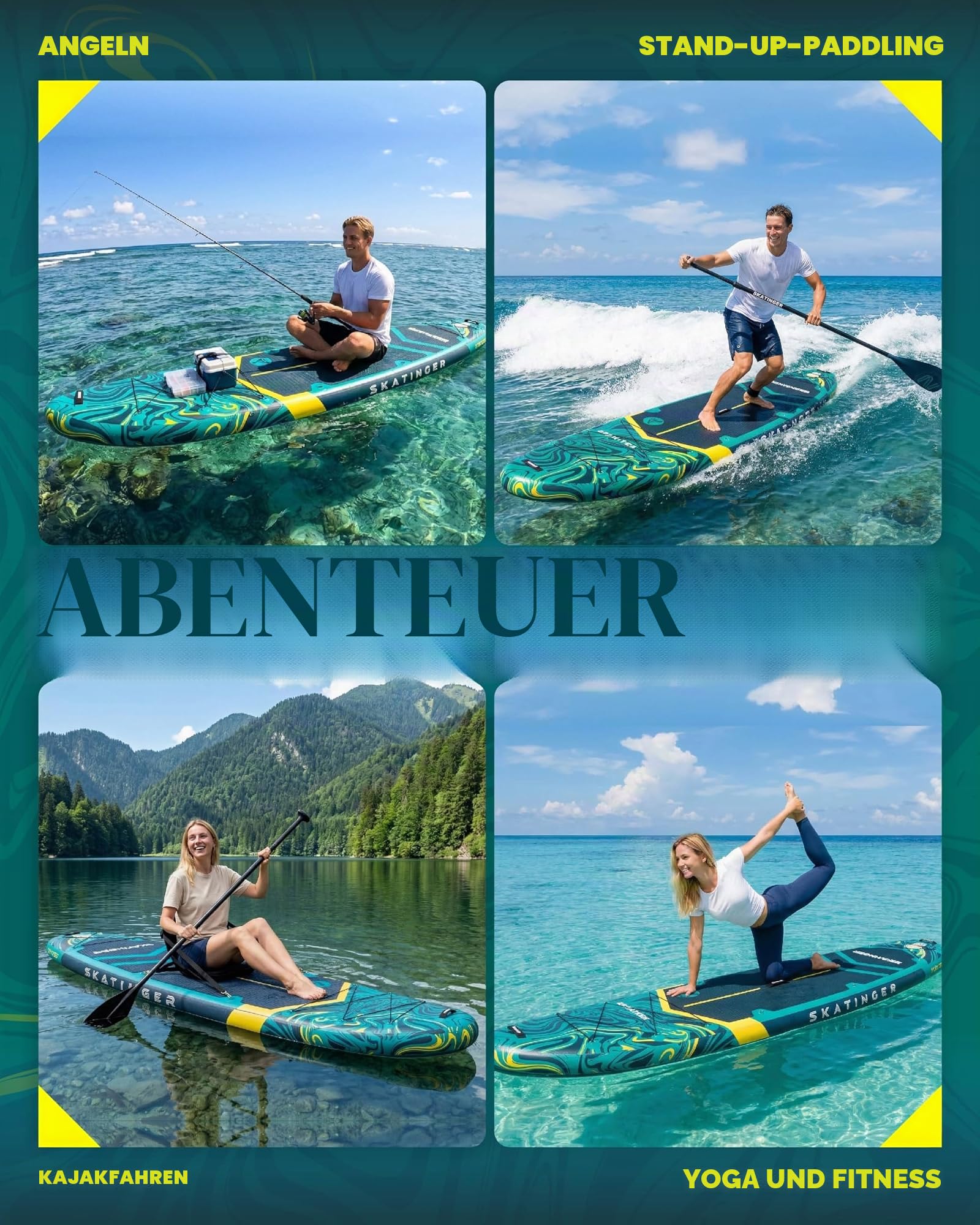 Skatinger Aufblasbares Stand-Up-Paddle-Board, 28,9 x 86,4 x 15,2 cm, SUP-Paddelboard, aufblasbar, Yoga-Steh-Up-Paddle-Board mit 1600D-Rucksack, 6 zusätzliche D-Ringe, Schultergurt, US-Zentralflosse,