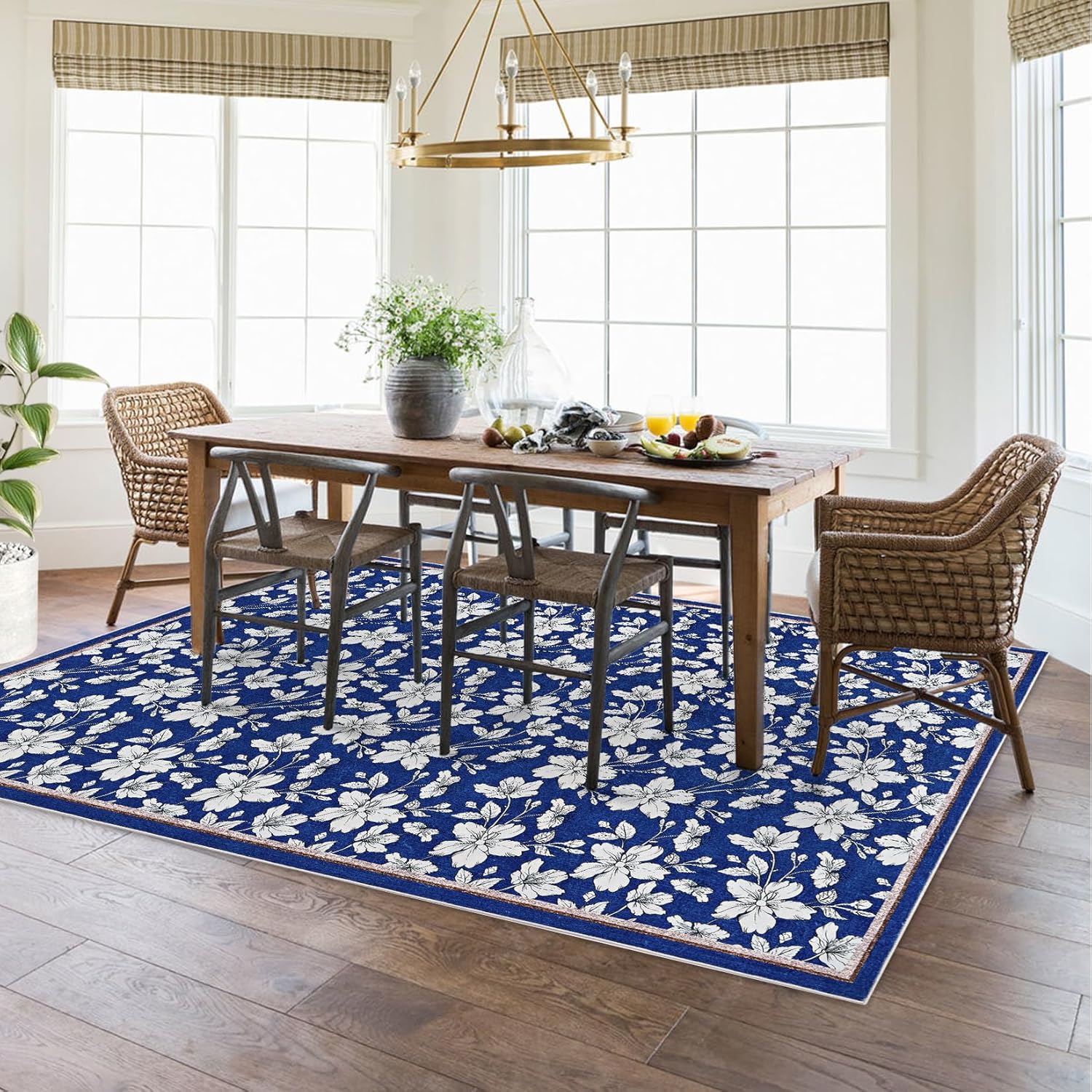 8'x10' Washable Area Rugs Boho Floral Bedroom Low Pile Non Slip Indoor Carpet for Living Room Playroom Blue