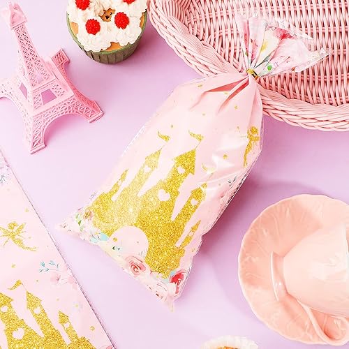 Miniatura 4 de Leinuosen 100 bolsas de celofán temáticas de princesa con lazos, castillo, floral, hada, princesa, bolsas de recuerdo de fiesta, bolsas de plástico