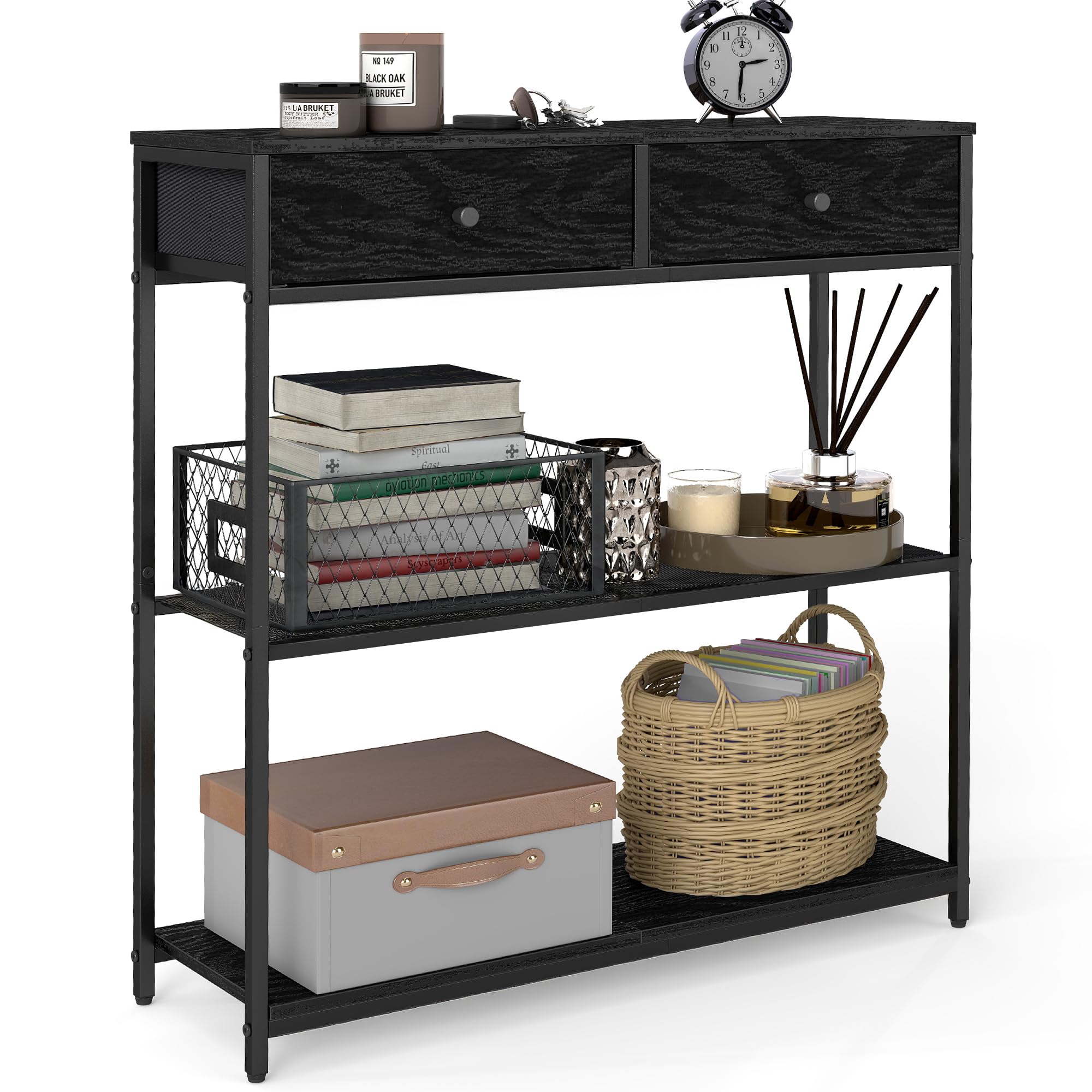 VASAGLE Narrow Console Table with 2 Fabric Drawers, 3-Tier Entryway Sofa Table, 24 x 76 x 80 cm, for Hallway, Living Room, Ebony Black and Ink Black ULNT092B01