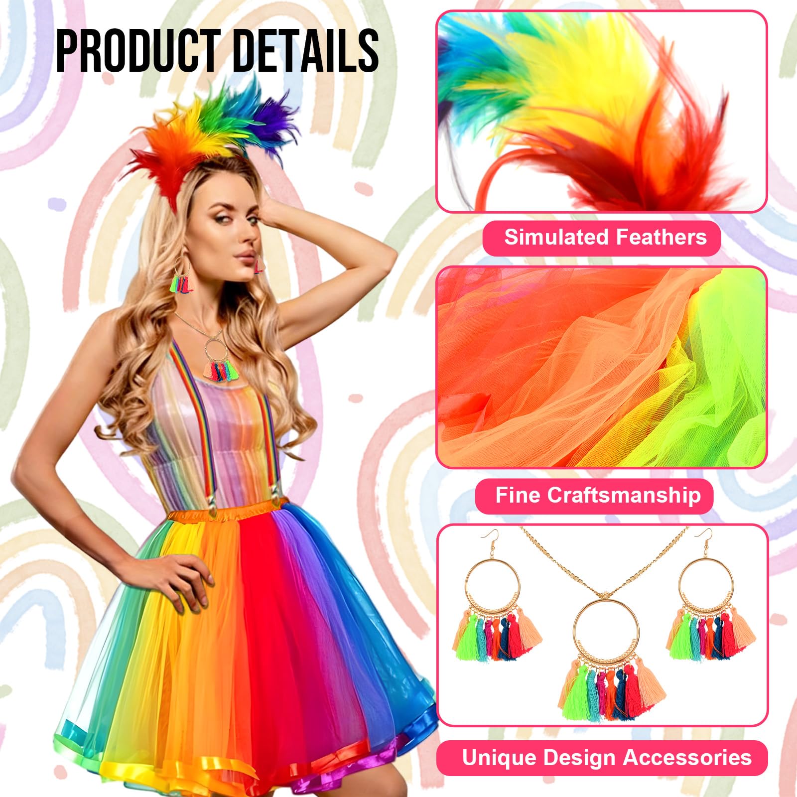 Set de Tutu Arc-en, Ciel pour Adulte, Jupe Tulle Volumineuse, Diadème à Plumes, Bretelle, Boucles d'Oreilles à Franges, Collier, 2 Drapeaux, 2 Autocollants, Taille Unique pour Fêtes & Soirées