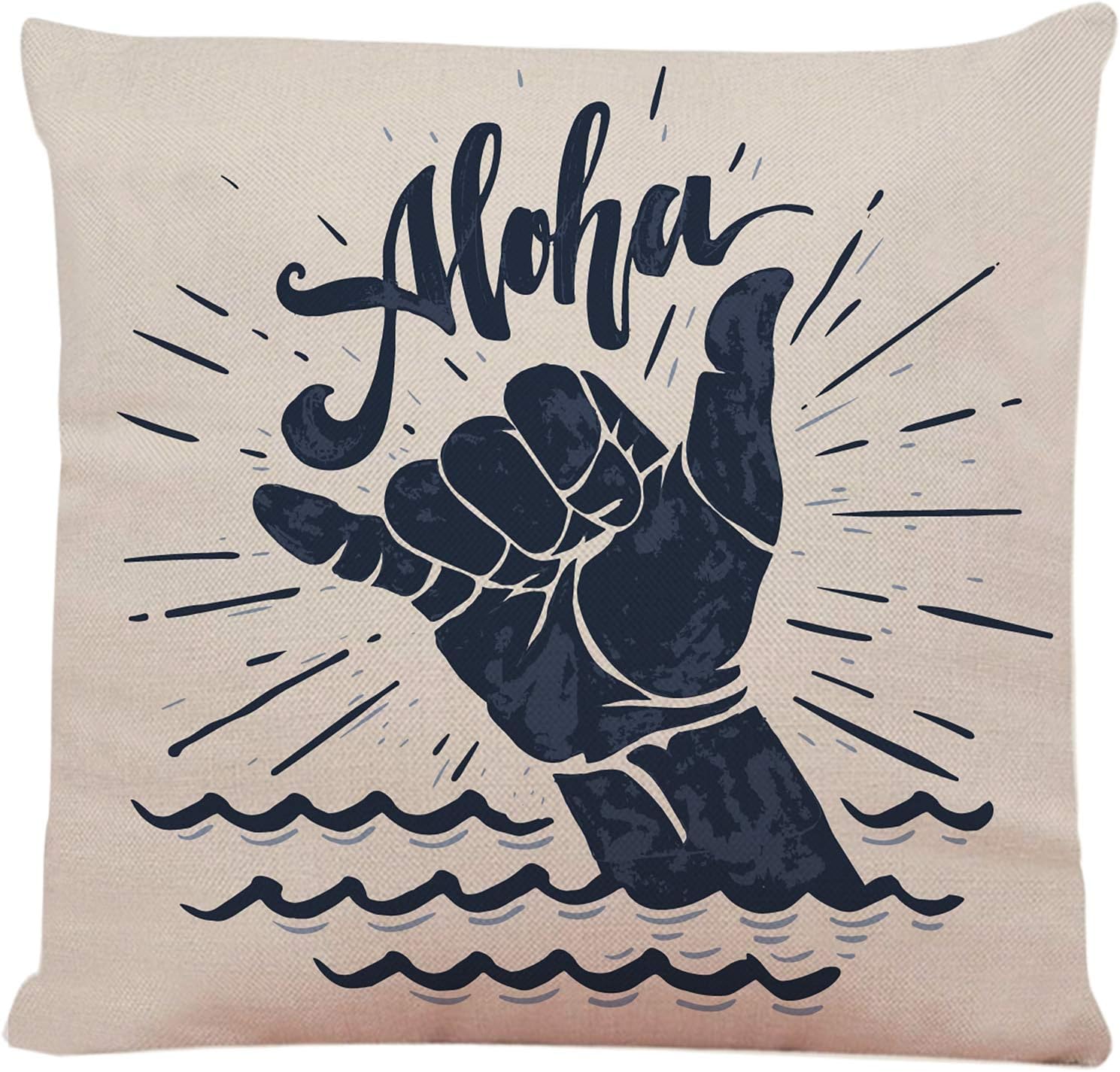 Throw Pillow Cover Surf Aloha Lettering Surfing Shaka Hand Sign Grunge Surfer Hippie Decorative Throw Pillow Cushion Case for Home Couch Living Room Bed Sofa Car 18 x 18 Inches Pillowcase