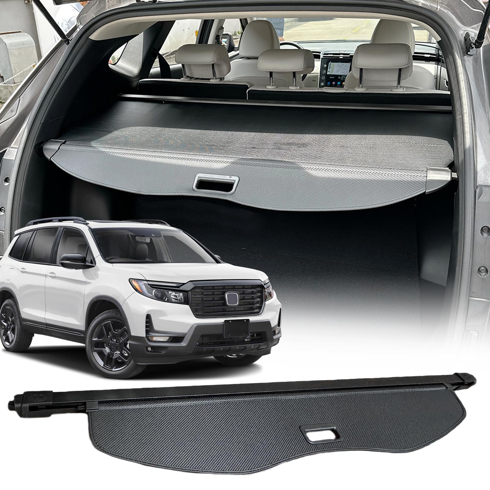 Volcaner Cargo Cover Compatible with Honda Passport 2025 Accessories 2024 2023 2022-2019,Carbon Fiber Texture Retractable Trunk Cover Organizer