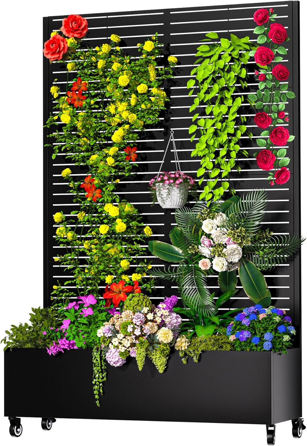 MTART Metal Planter Box with Trellis, 72.1"x47.2"x16" Outdoor Galvanized Raised Garden Bed with Privacy Screen & Drainage Holes & Lockable Casters for Climbing Plants, Vegetable (Louvered-Black1)