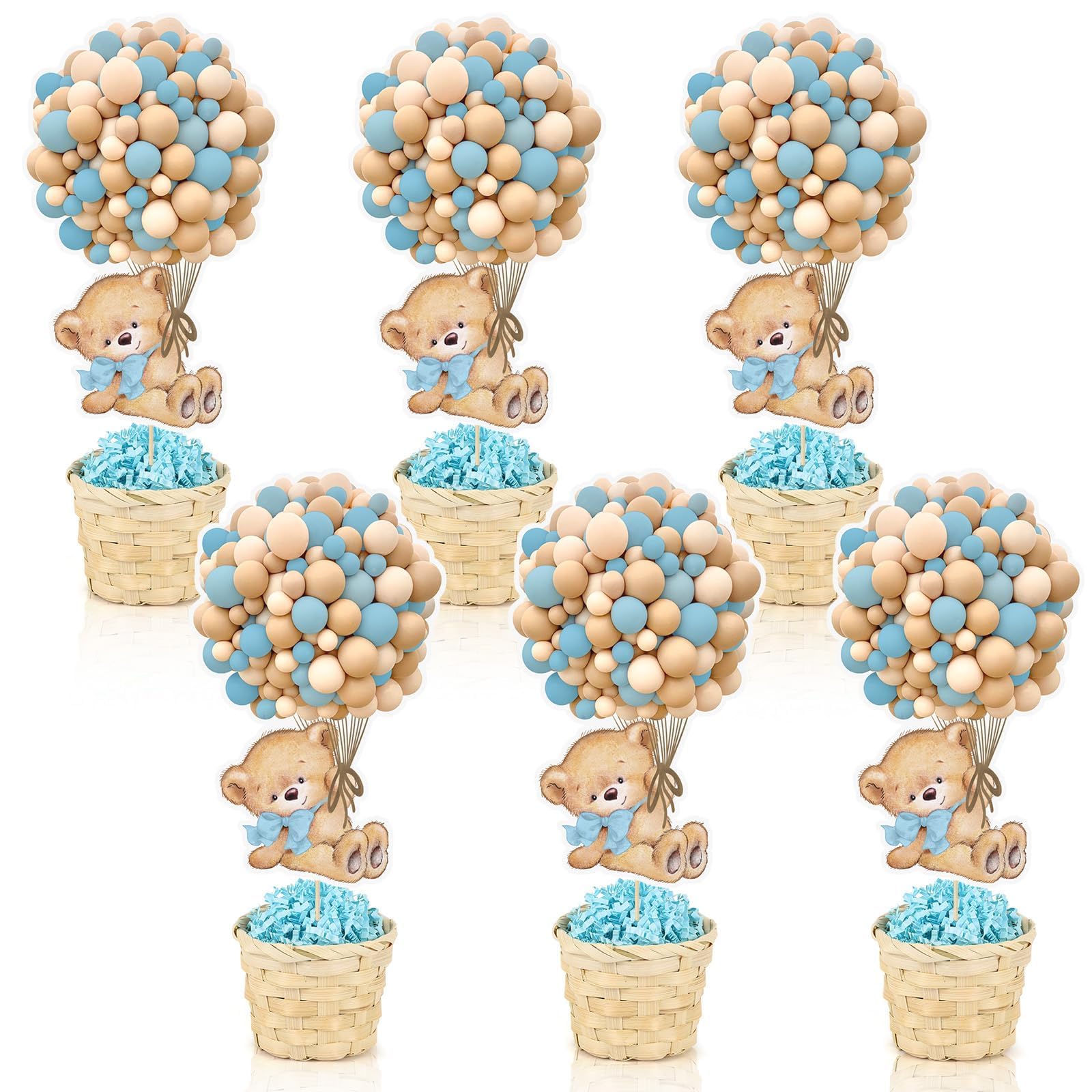 Photo 1 of 6 Set Blue Baby Shower Table Centerpieces Decortion Hot Air Balloon Cute Babys Bear with Bamboo Basket Lafite Garss Welcome Oh Baby We Can Bearly Wait Boy Or Girl Gender Reveal Party Favor