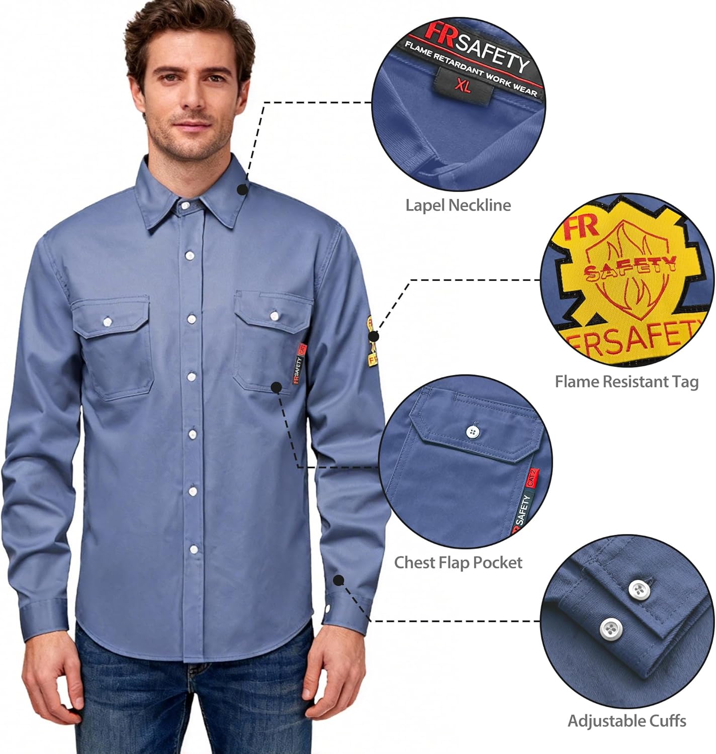 FR Shirts for Men 7oz Long Sleeve Fire Resistant Shirts 100% Cotton Hi Vis Welding Shirt CAT2