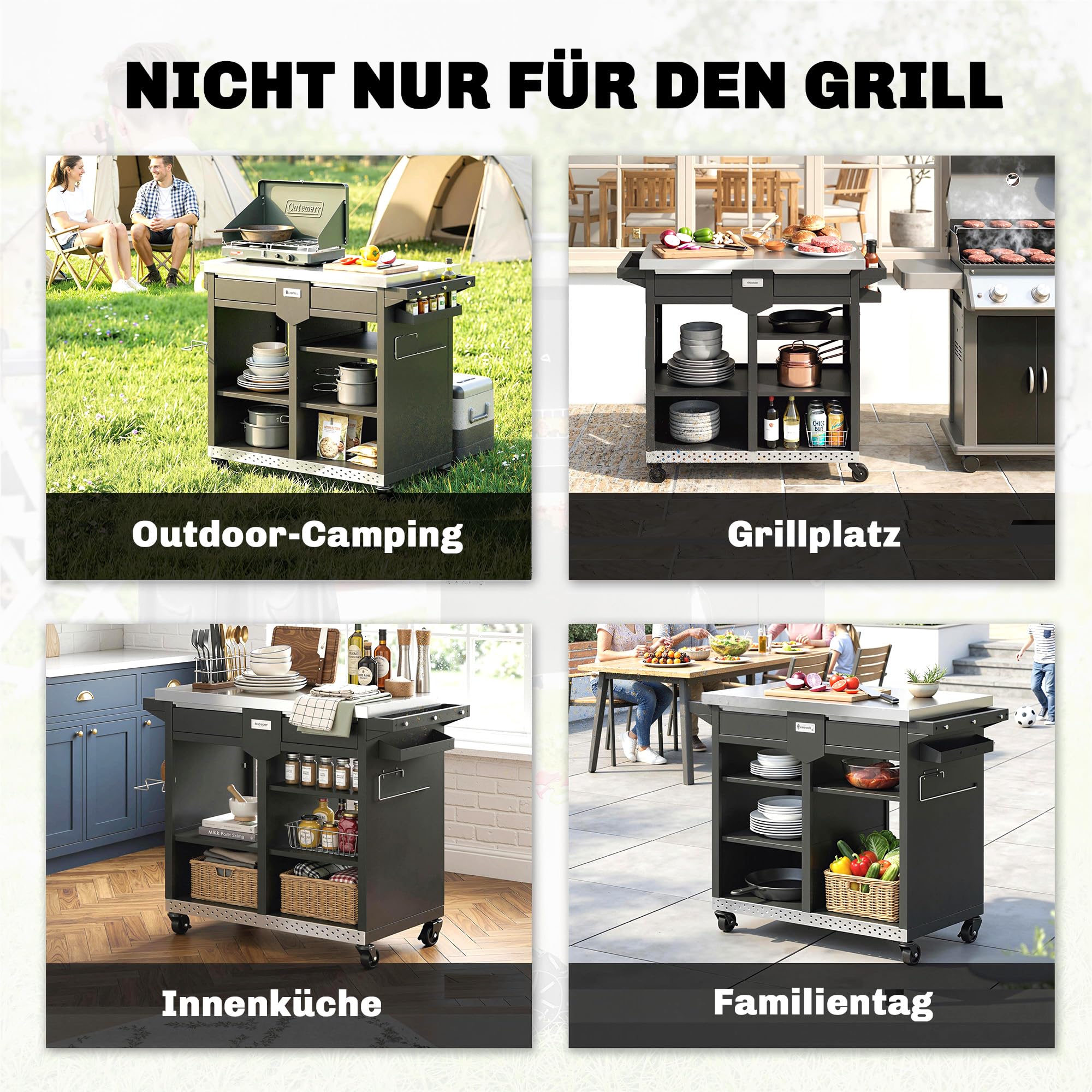 Outsunny Carrito de barbacoa de 5 niveles, mesa de barbacoa con superficie de trabajo de acero inoxidable, ajustable, estantes, cajón, ruedas, soporte para especias, soporte para bolsas de basura