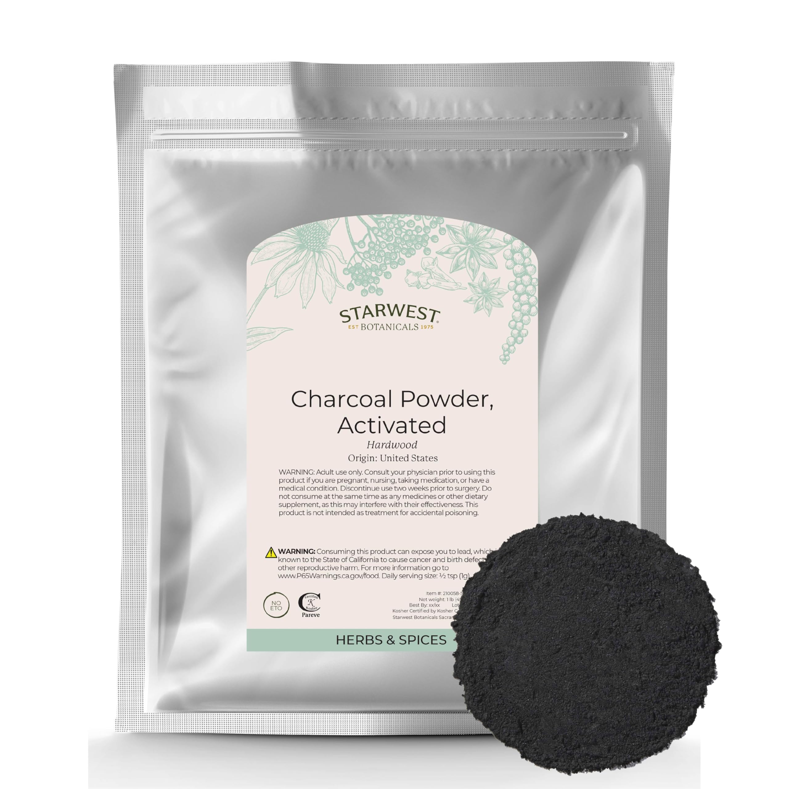 Starwest Botanicals Activated Hardwood Charcoal Powder - Use for Teeth Whitening, Face Masks, Skin Care, & Cleaning, Food Grade as a Processing Aid, Certified Kosher - Bulk 1 lb Bag