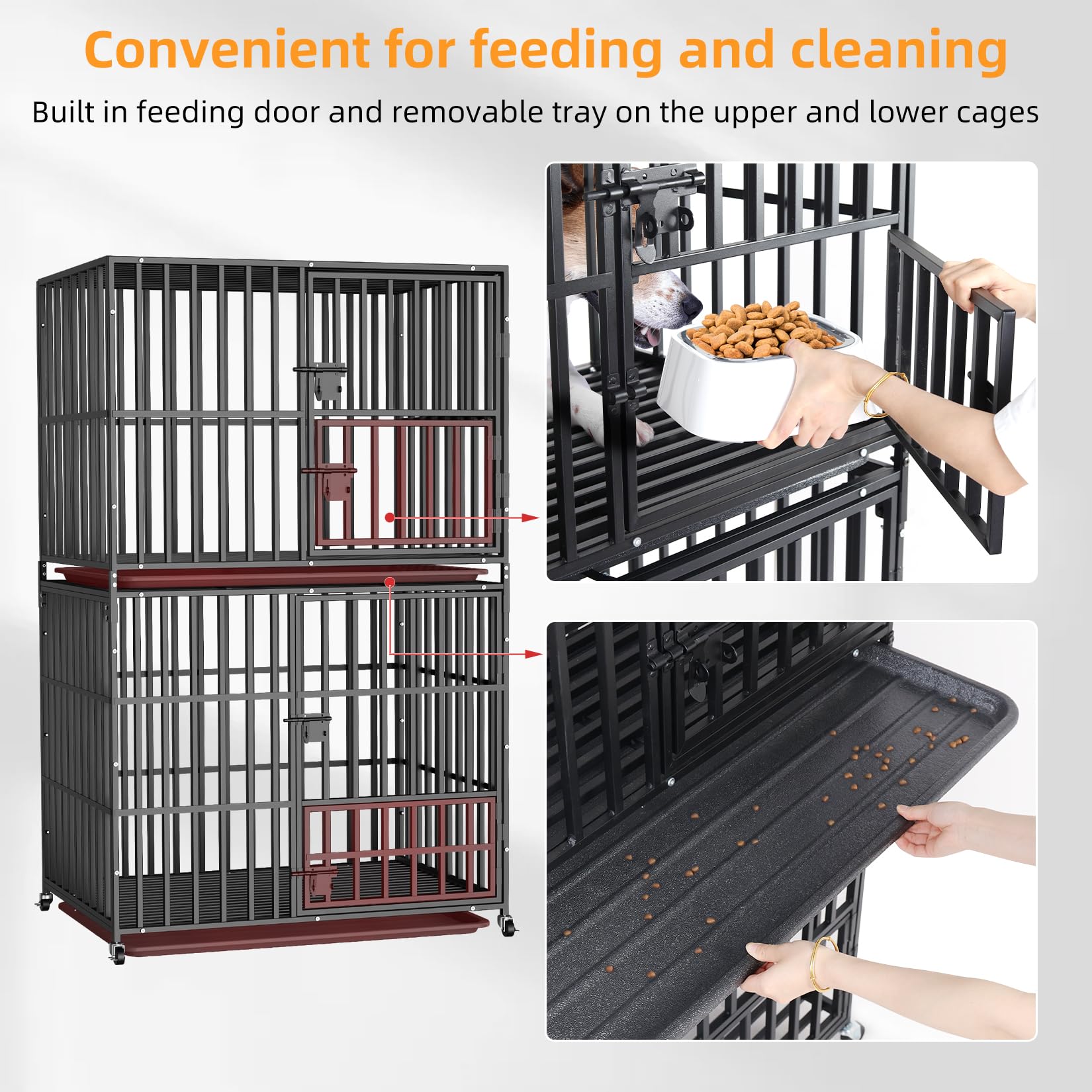 BingoPaw Cage Chien Interieur Solide: Caisse de Transport Double sur Roulette Grande Taille - Cages Deux Niveaux Robuste Extérieur pour Grand Chiens en Métal avec 2 Plateau Amovible 95x57x144.5cm