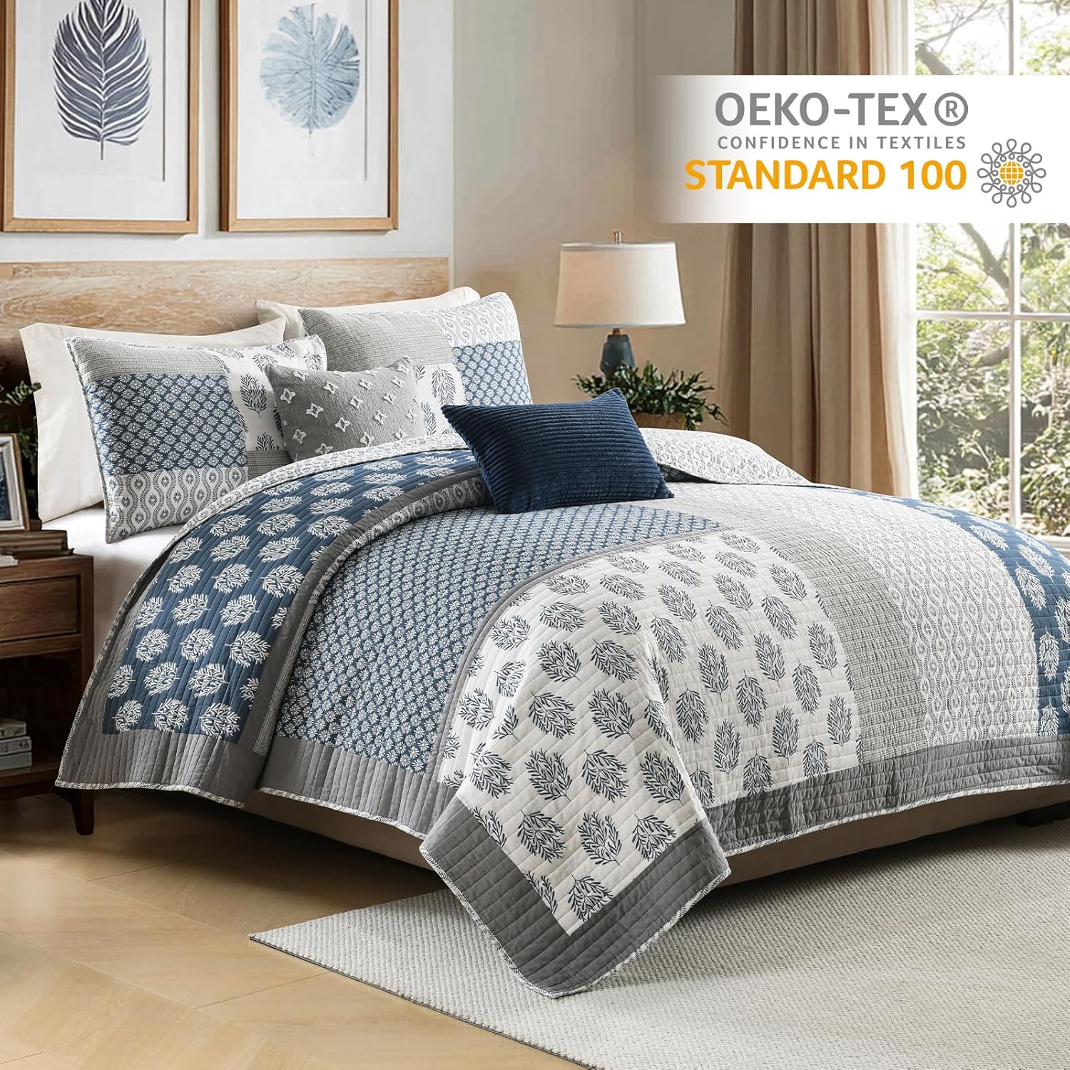 Finlonte Quilts Queen Size, 5 Pieces 100% Cotton Lightweight Queen Quilt, Patchwork Farmhouse Floral Quilted Bedspread, Soft Reversible Quilt Bedding Set, Blue/White