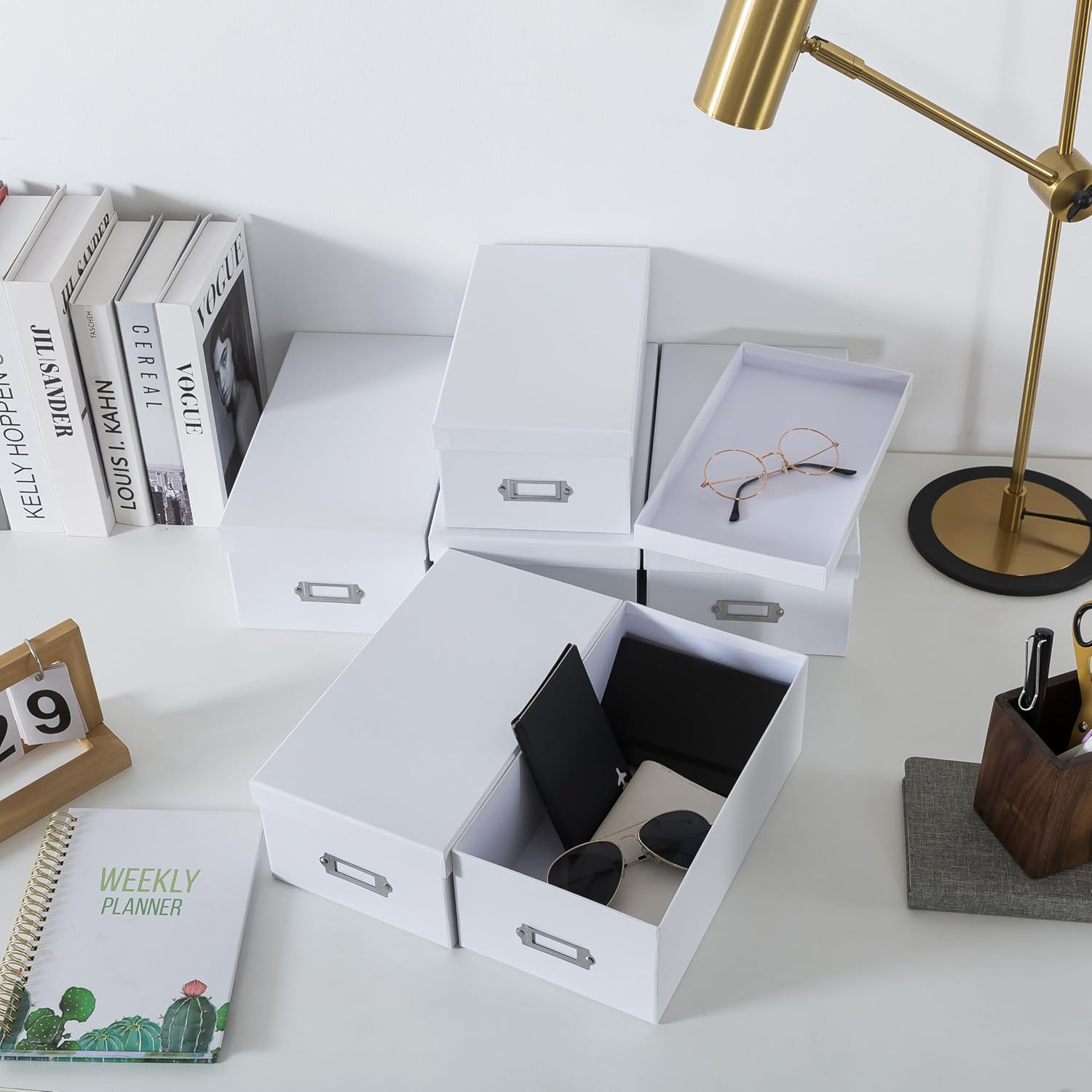 Soul & Lane White Storage Boxes - Set of 6 (3 Large, 3 Medium), Keepsake Memory Storage Boxes with Lids, Cardboard Organizers with Label Holders for Photos, Crafts, Collectibles