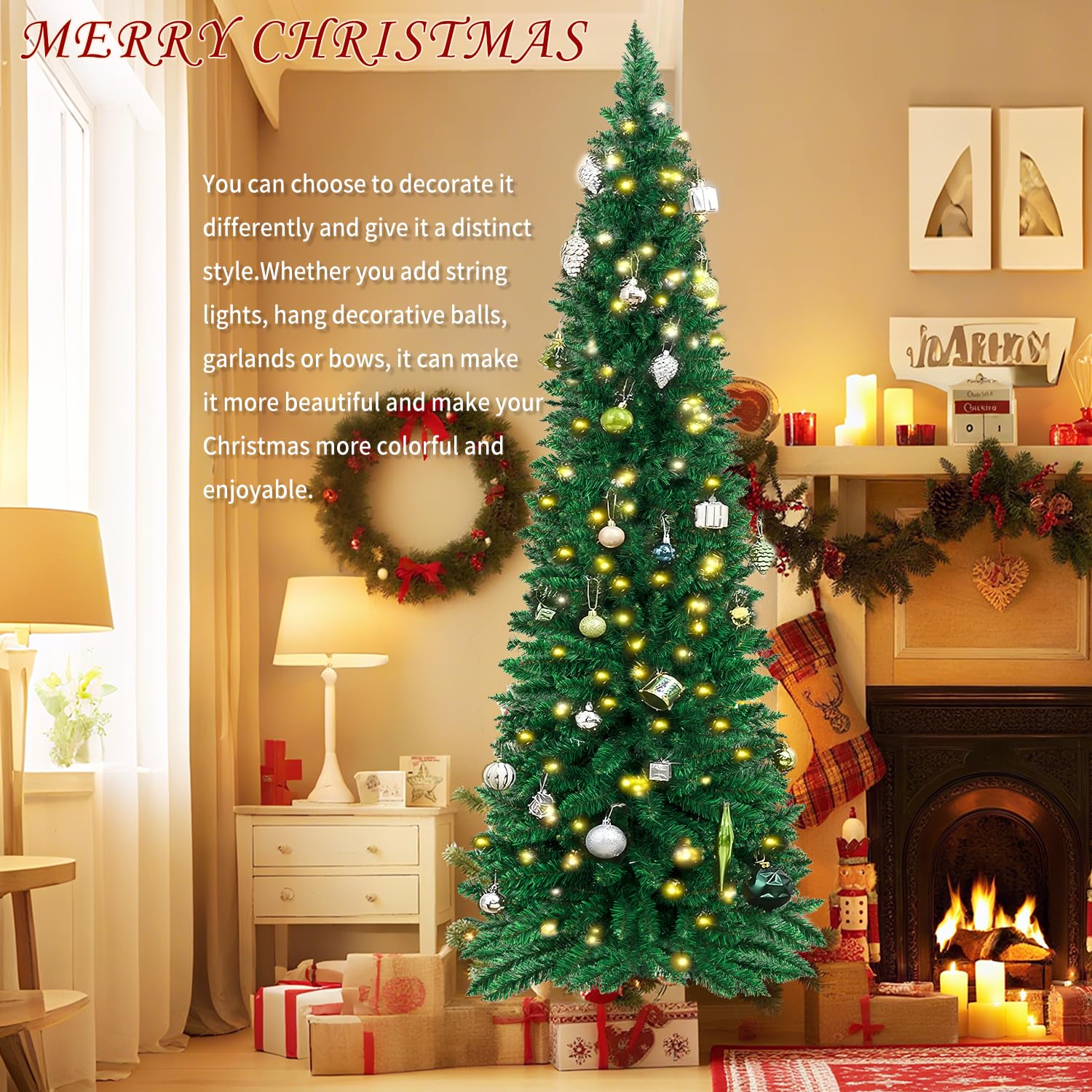 ININ Künstlicher Weihnachtsbaum mit 220 Zweigspitzen, 152 cm, schmaler Bleistift, perfekte Weihnachtsdekoration für Zuhause/Büro/Party