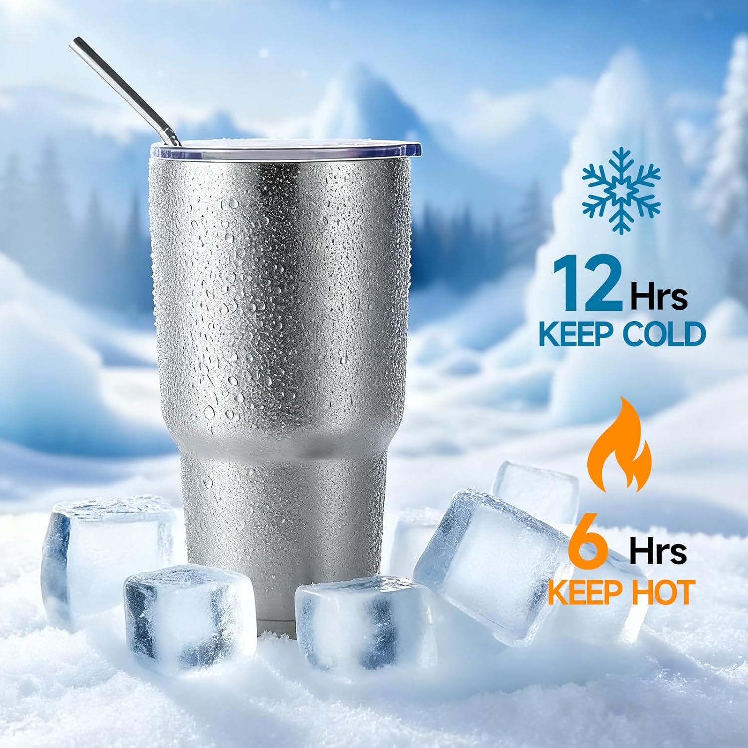 Volhoply 30oz Insulated Tumbler with Lid and Straw, Double Wall Inner & Outer 304 Stainless Steel Coffee Cup, Travel Mug Reusable Thermal Cup for Cold & Hot Drinks (Silver,1 Pack) - Image 4