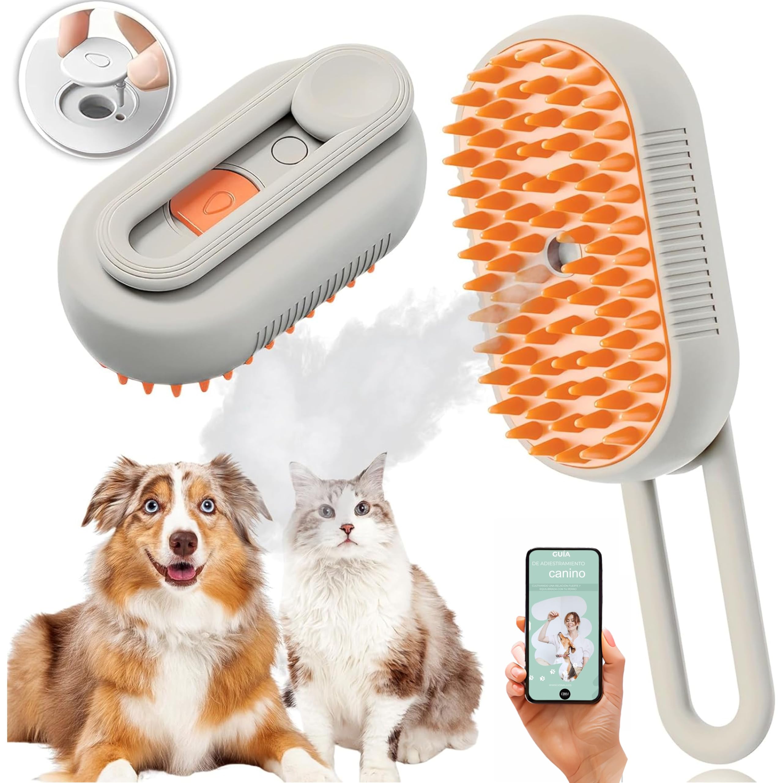 Cepillo Vapor para Gatos y Perros 3 en 1 con Guía de Adiestramiento Incluída, Cepillo de Vapor para Gatos, Cepillo Gato Vapor, Cepillo Perro Pelo Corto y Largo (PetSteamPro)