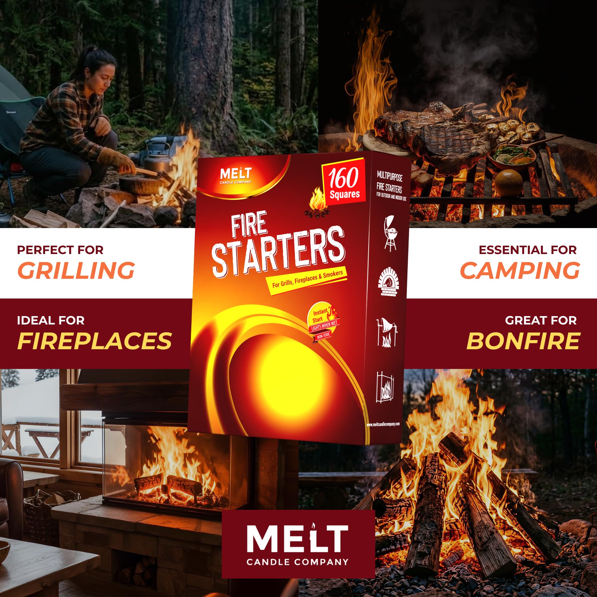 Ogień Starters Big Pack 160 kwadratów węgiel startowy do grilla, ogniska, kominka, paleniska, wędzarni, bez rozbłysków i smaku. Rozrusznik do pieca na drewno i pellet. Wodoodporne, wytrzymałe kwadraty