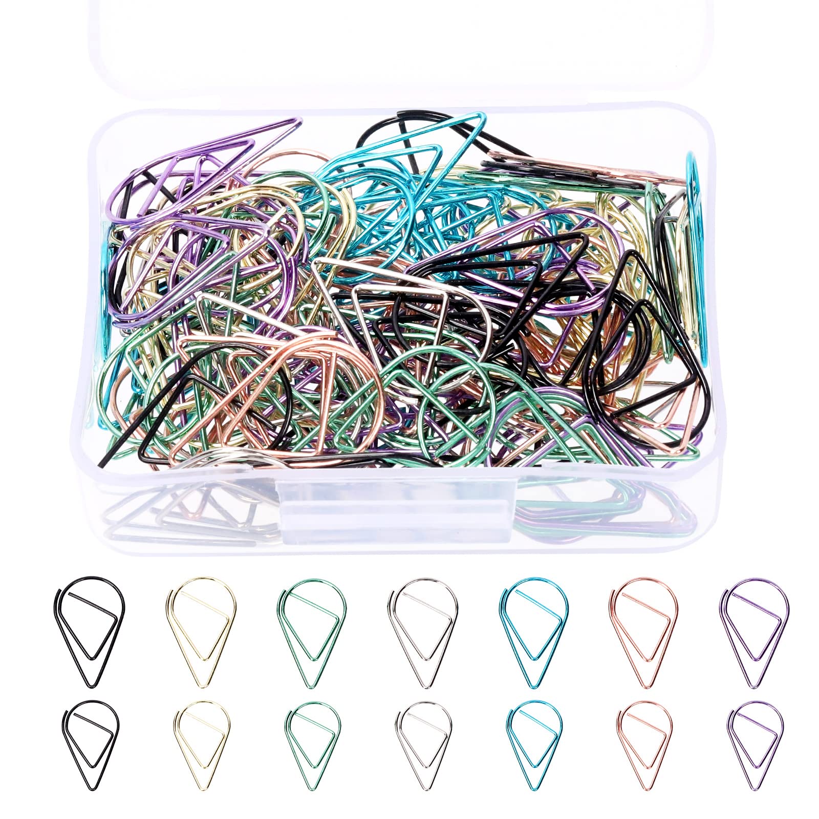 Tanstic 210Pcs 7 Colors Drop-Shaped Paper Clips, Steel Multicolor Cute Paper Clips, 25x16MM 33x20MM Teardrop Paperclips Smooth Paper Clips for School Office Supplies