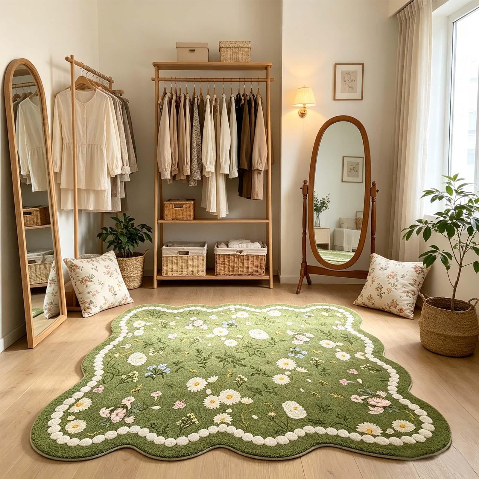 Teppich mit geblümtem Muschelmuster, Wohnzimmerteppich aus Kunstwolle, Teppichs mit geblümtem Vintage-Muster, für Schlafzimmer, Eingangsbereich(140x200cm)