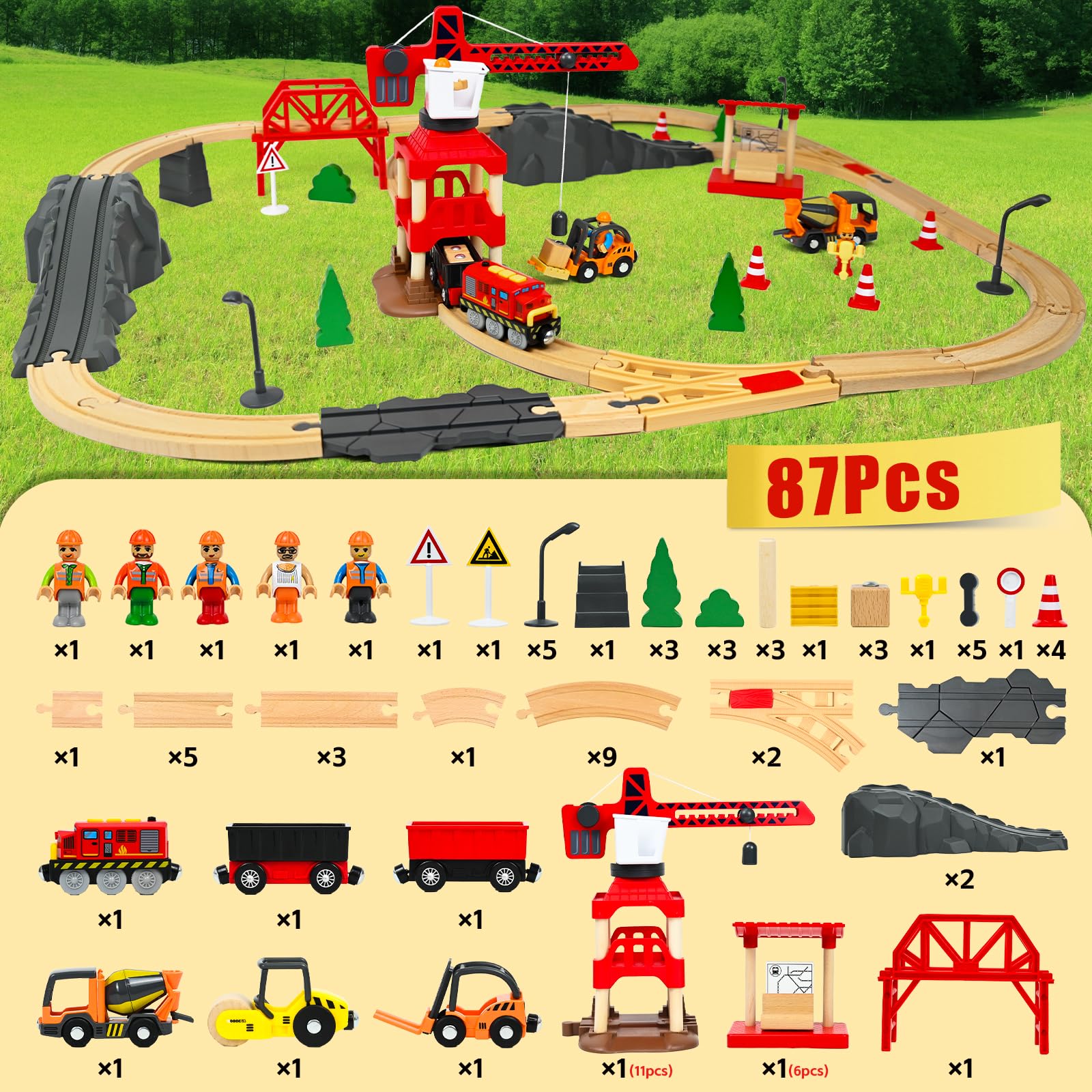 FORMIZON Set di 87 Pezzi Binari Trenino Legno, con Locomotiva Trenino Elettrico e Gru a Torre Telecomandata, Giocattoli Treno Elettrico, Ingegneria Ferroviaria, Regali di Compleanno e Natale Bambini