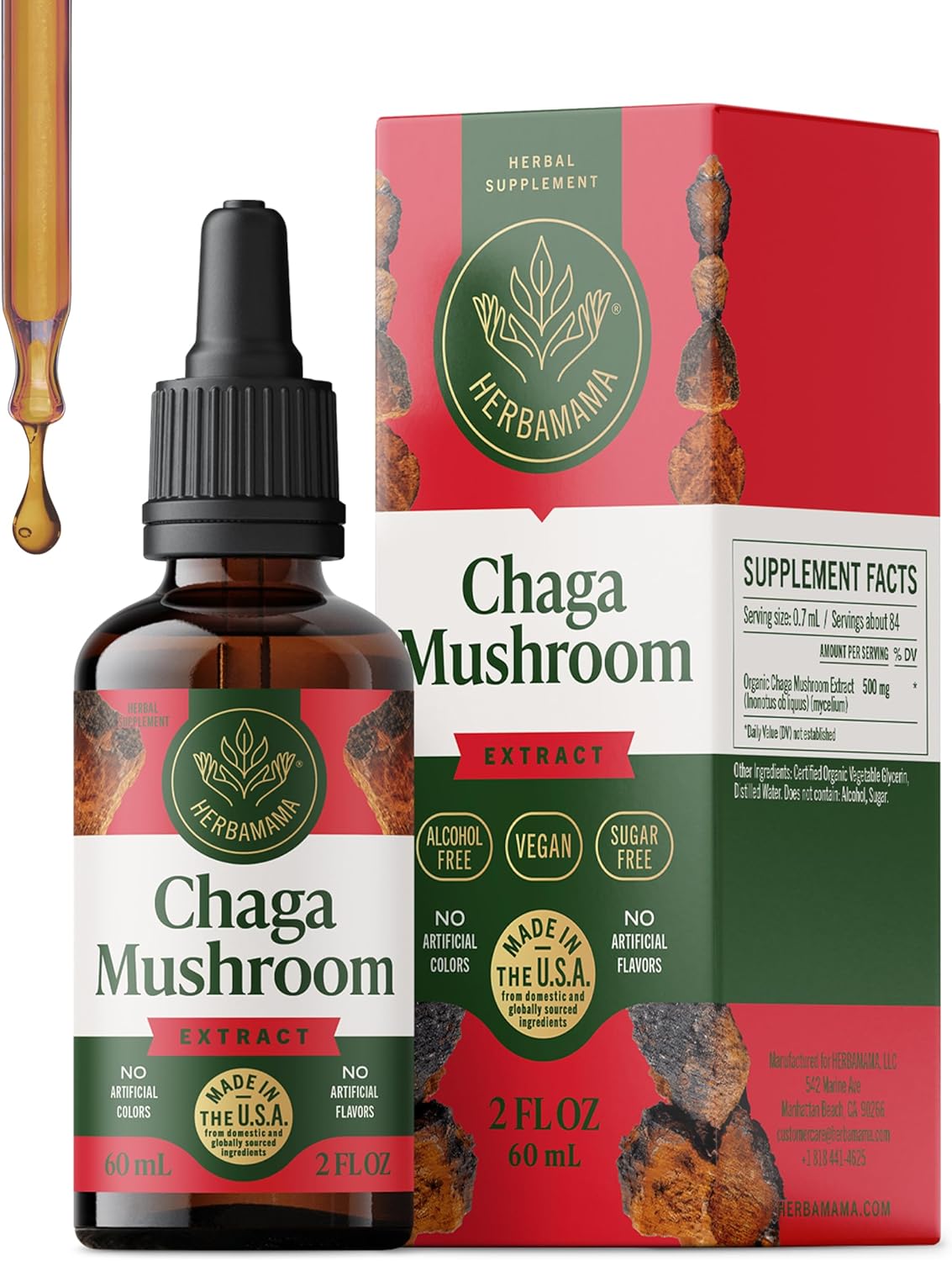HERBAMAMA Chaga Mushroom Tincture - Vegan Immune Support & Defense with Chaga Mushroom Extract Drops - Non-GMO, Alcohol & Sugar-Free Liquid Immunity Supplement, 42-Day Supply