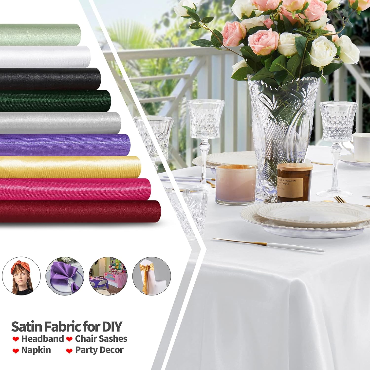 KKJIAF White Satin Fabric 10 Yard, 63" Wide Shiny Silky Fabric for Dress, Shirts, Table Runner, Napkin, Tablecloth, Wedding Decor, DIY Crafts