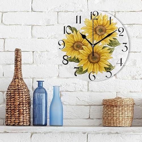 Miniatura 3 de stargrass Reloj de pared silencioso de girasol, redondo, sin tictac, funciona con pilas, silencioso y decorativo para sala de estar, hogar, oficina,