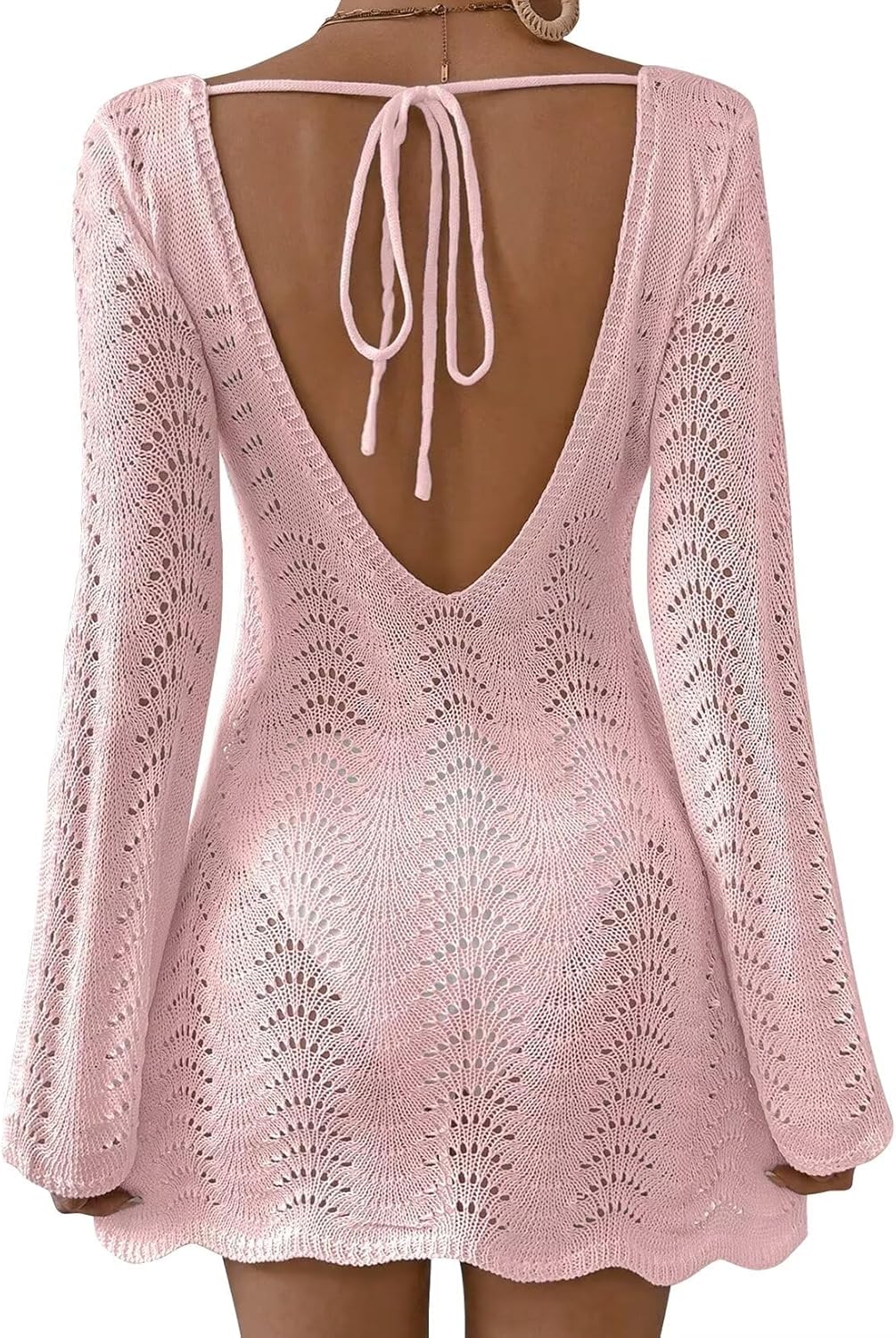 Womens Swimsuit Cover Up Long Sleeve Crochet Bathing Suit Mesh Backless Cover Ups Summer Beach Vacation Outfits 2026