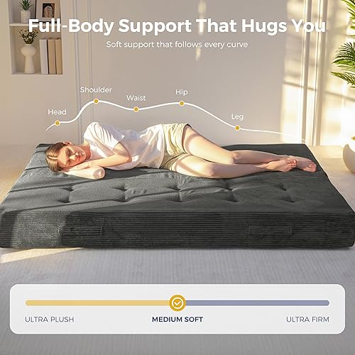 Miniatura 9 de MAXYOYO Colchón tipo futón de 8 pulgadas tamaño matrimonial con asas, sofá cama plegable copetudo (marco no incluido), colchón plegable versátil