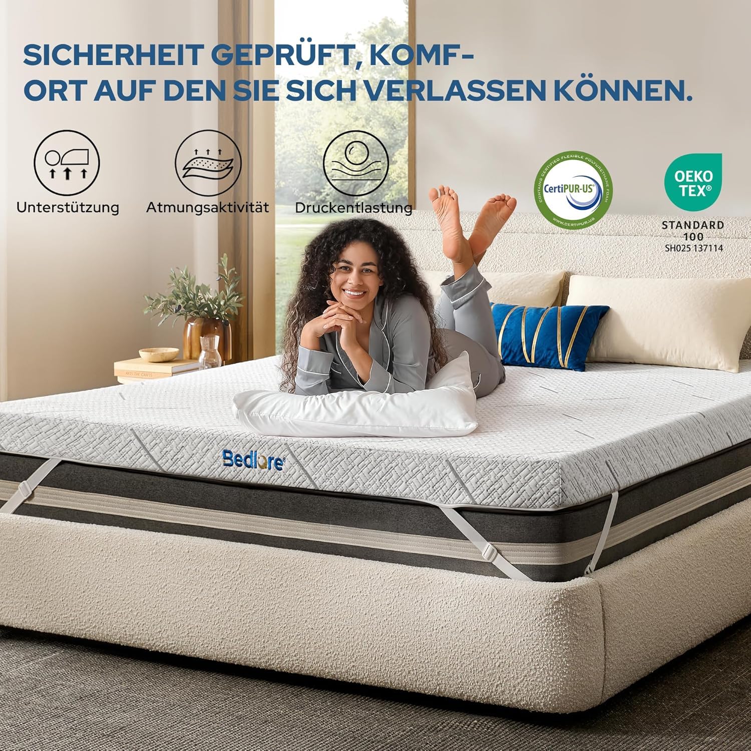 BEDLORE Topper Viscoelástico 140x190 Alivia Puntos de Presión (Blanco) | Con 7,6 cm de espuma viscoelástica, CertiPUR-US y OEKO-TEX, correas ajustables, impermeable, transpirable y lavable