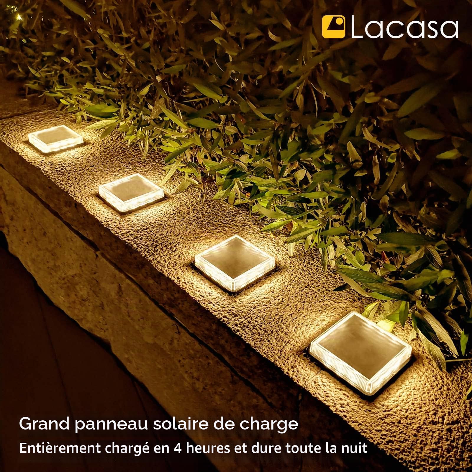 Lacasa 4pcs Lampe Solaire Extérieur Jardin Sol, Blanc Chaud 3000K 50LM LED Lumières de pont Solaires, Étanche IP68 Auto On/Off Éclairage pour Chemins Marches de Jardin Terrasse Escalier Allée Patio
