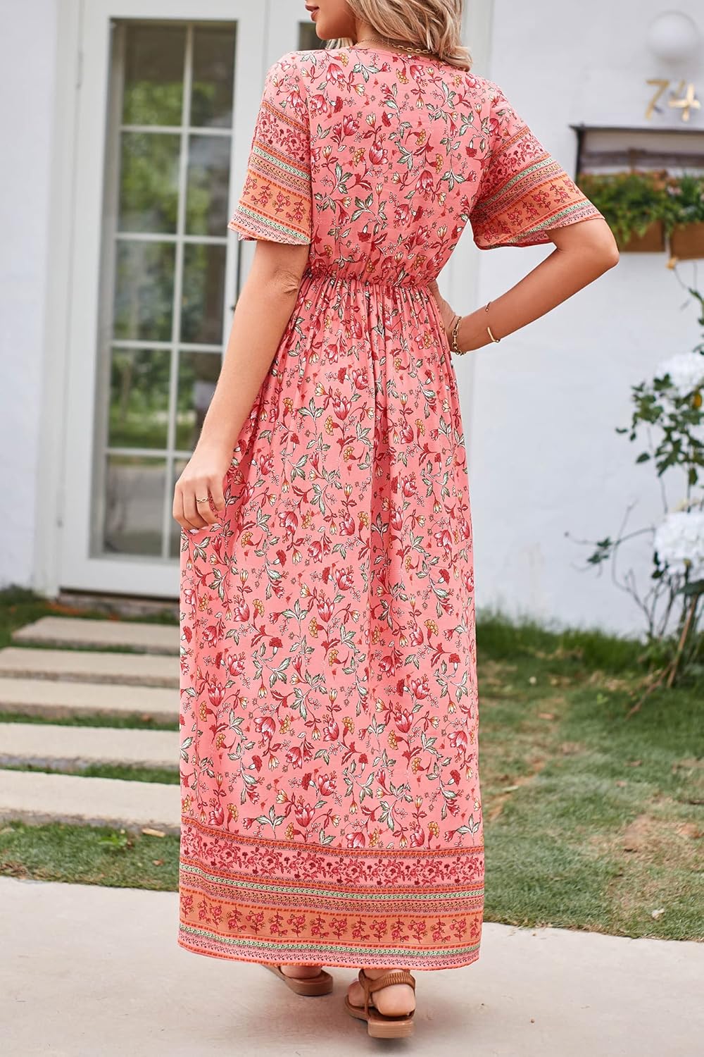 PRETTYGARDEN Women's Casual Summer Boho Floral Print Dress V Neck Short Sleeve High Waist Long Maxi Beach Dresses - Image 5