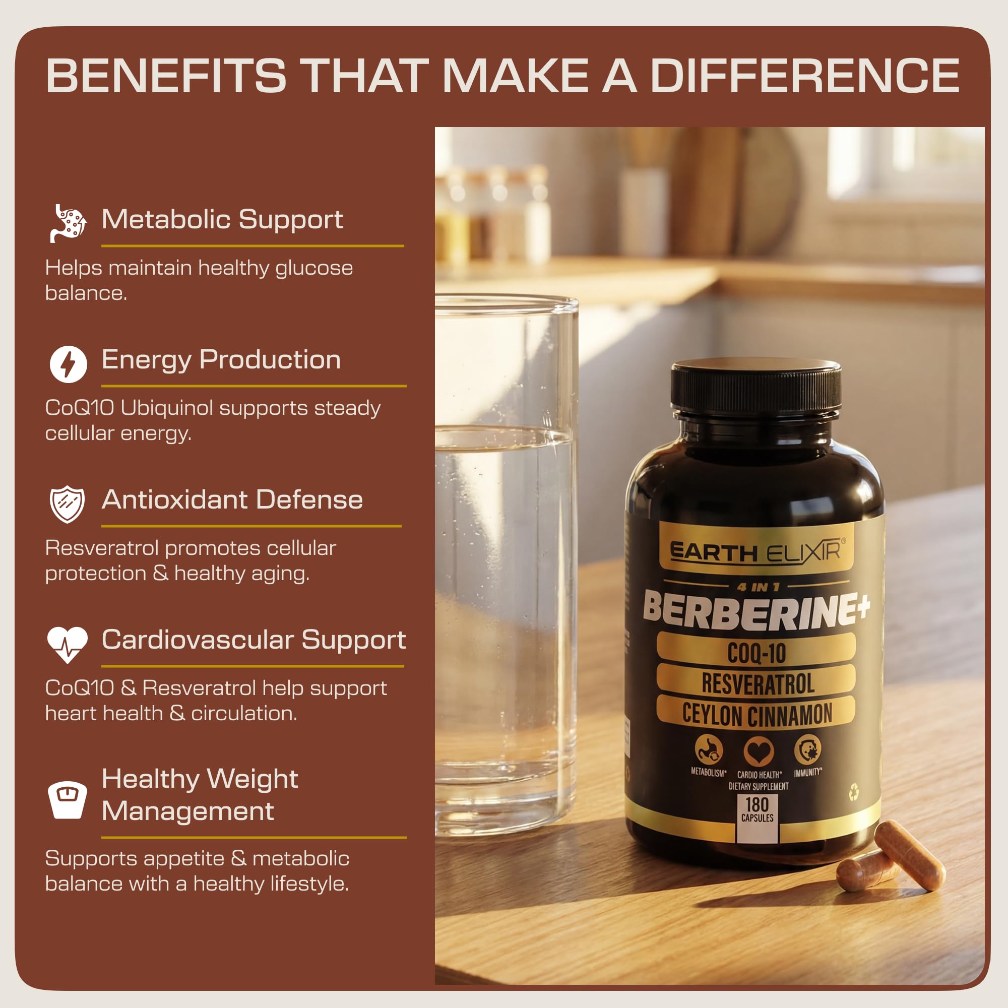 Earth Elixir 4-in-1 Berberine Supplement 1160mg – Organic Berberine, Ceylon Cinnamon, CoQ10 Ubiquinol & Resveratrol – GLP-1 & Metabolic Support – 180 Vegan Capsules — Amazon image 3