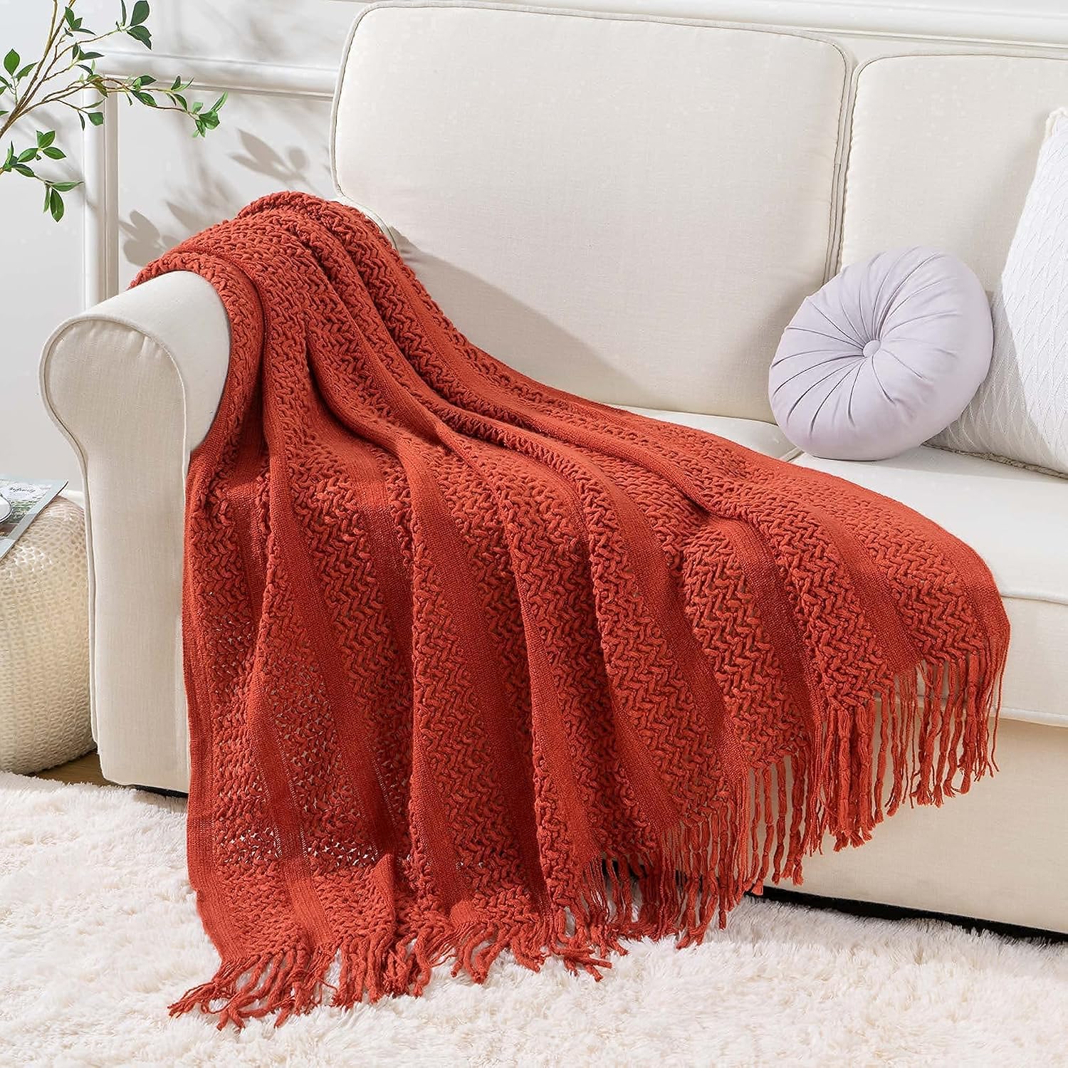 BATTILO HOME Rust Red Knit Throw Blanket for Couch,Decorative Accent Fall Blanket Soft Throw Blankets Boho for Halloween Home Decor(Red,50"x80")